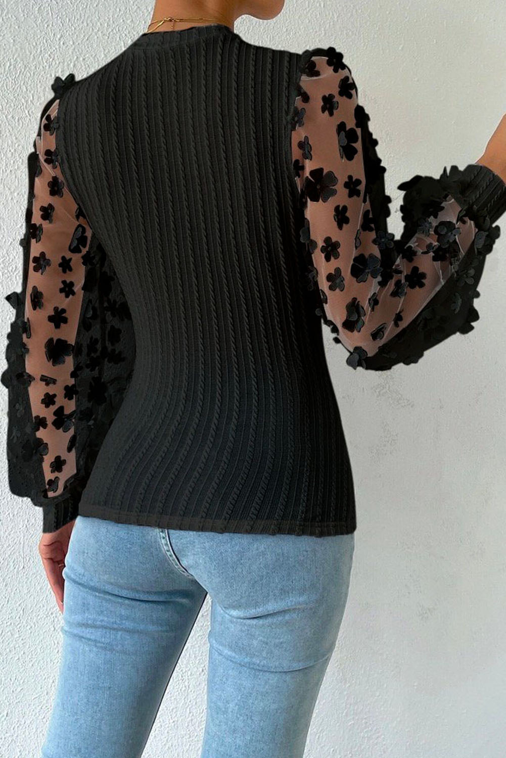 Black Floral Applique Mesh Sleeves Textured Knit Blouse - Image 2