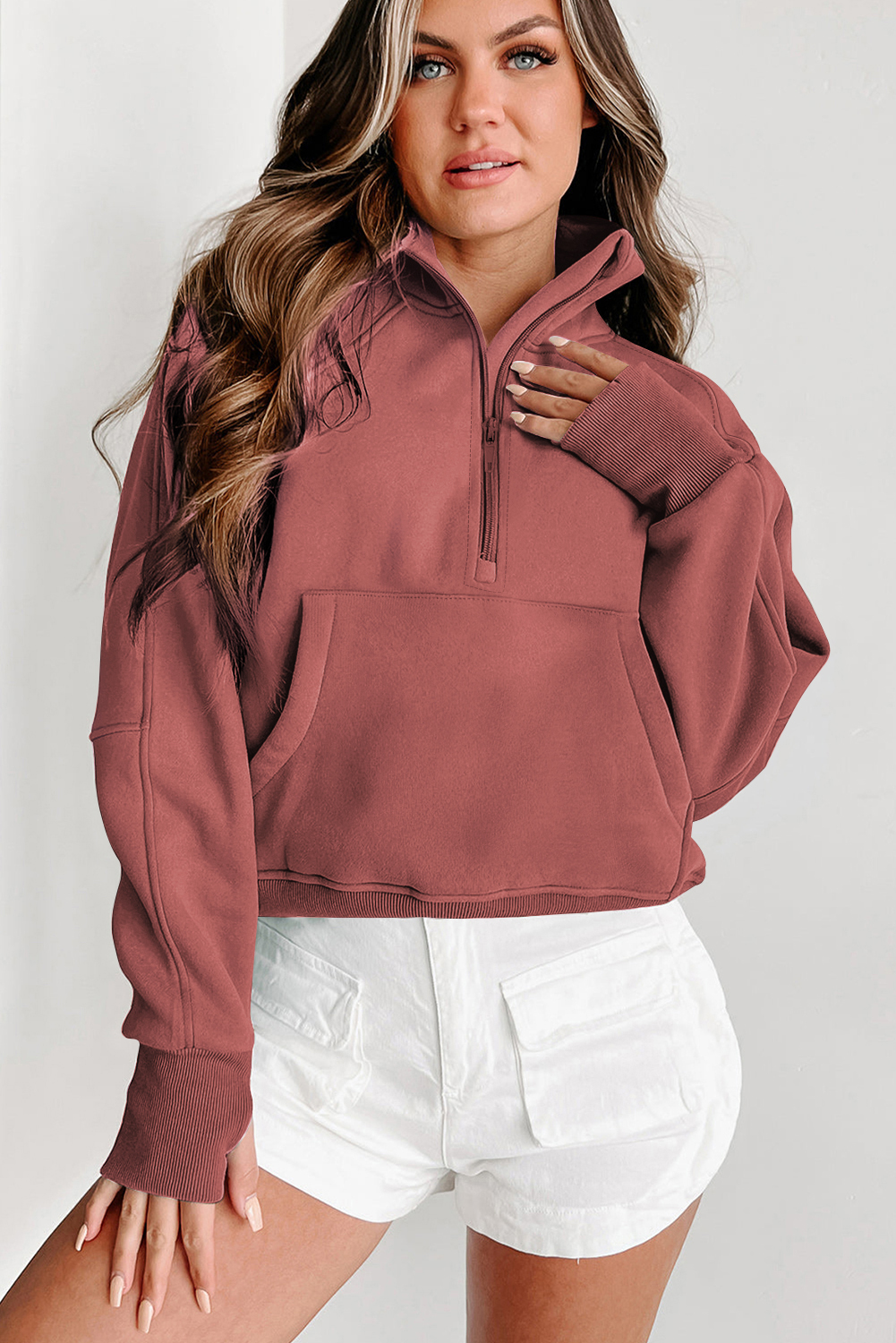 Brown Fleece Lined Zip Up Stand Collar Thumbhole Sleeve Sweatshirt - Image 4
