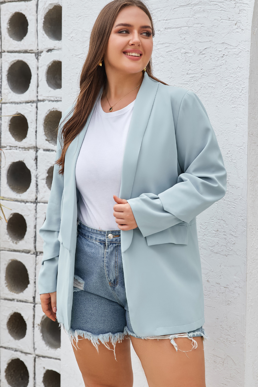 Sky Blue Plus Size Soft Lightweight Pocketed Lapel Blazer - Image 3