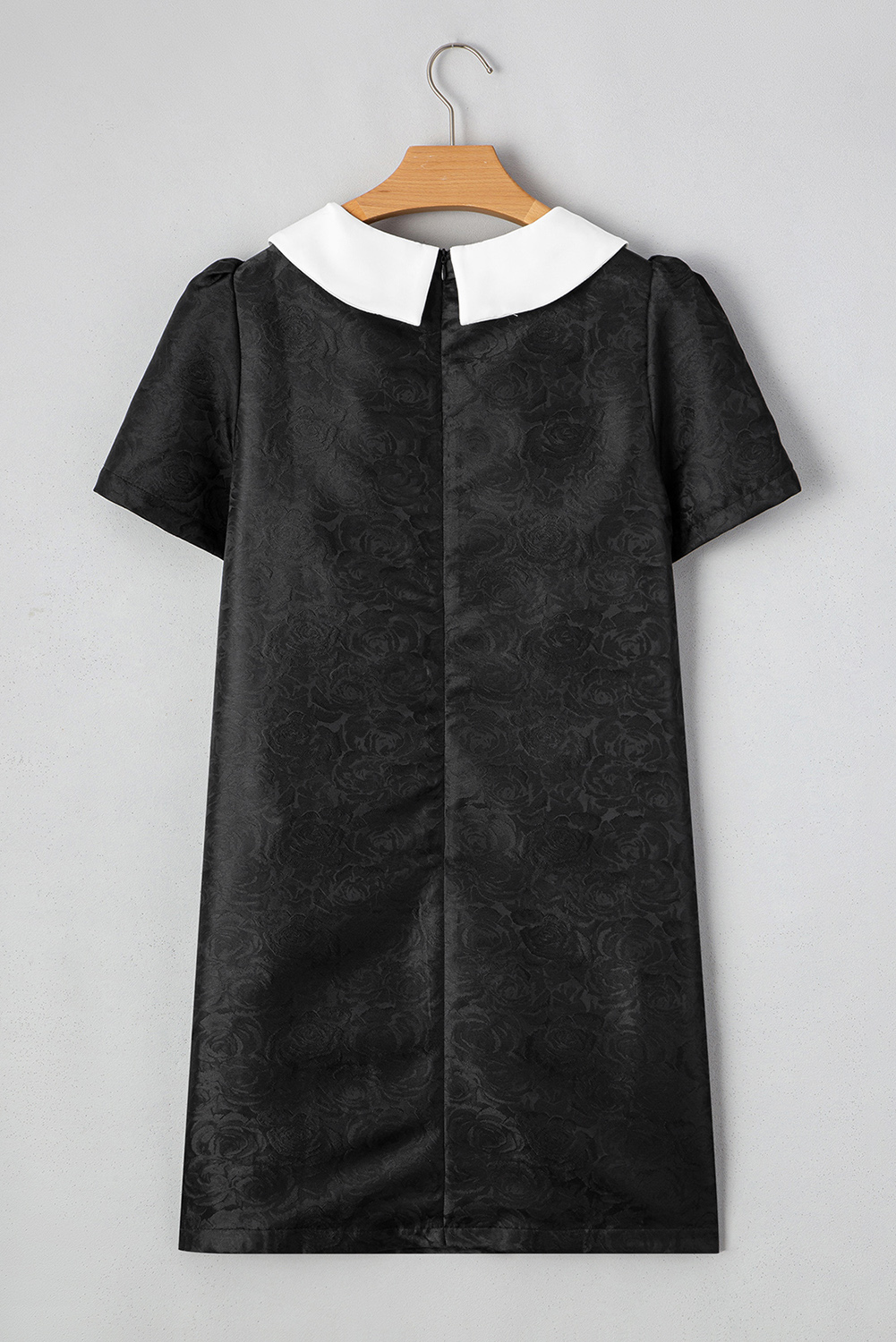 Black Floral Embossed Puff Sleeve Colorblock Bow Collared Mini Dress - Image 5