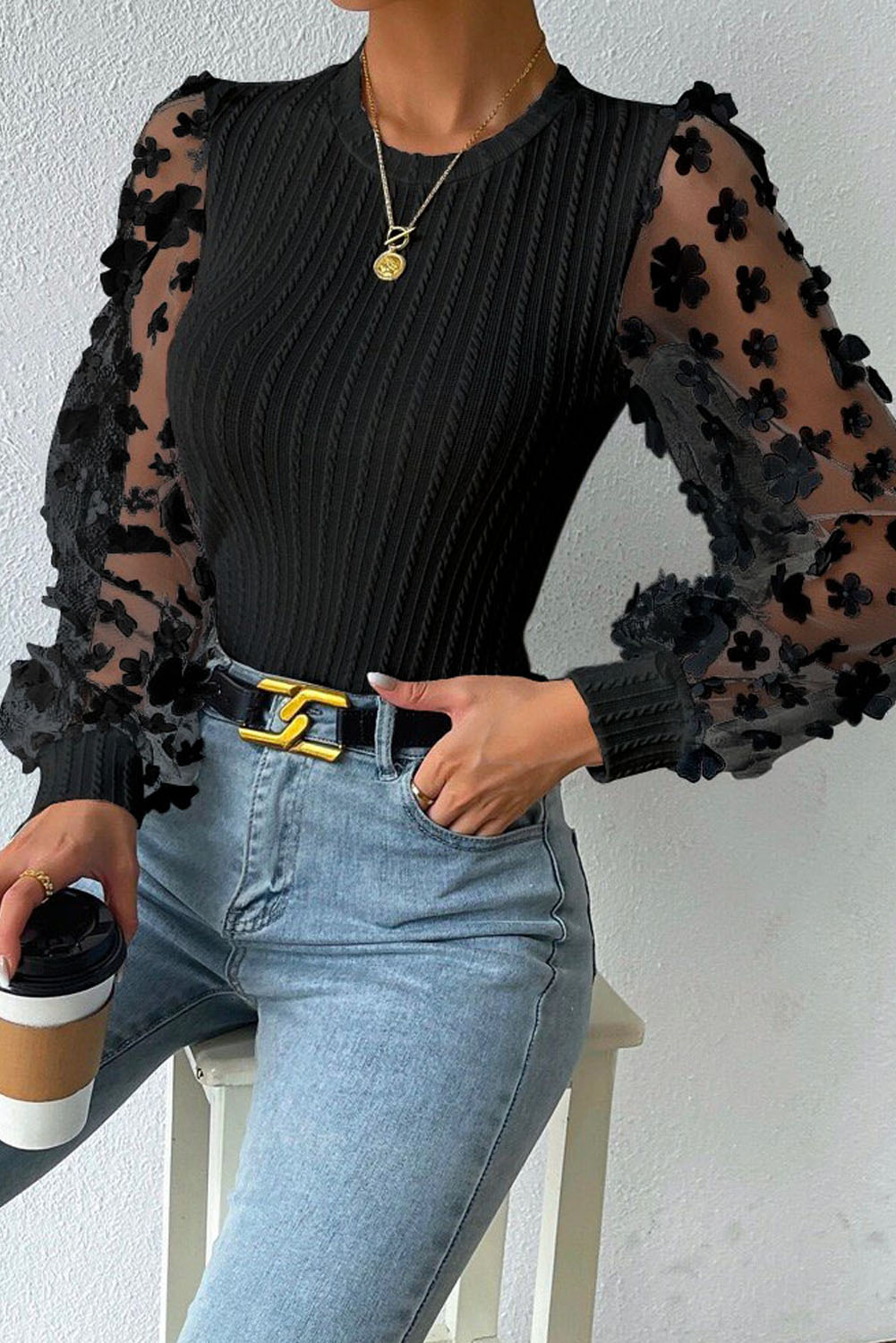 Black Floral Applique Mesh Sleeves Textured Knit Blouse - Image 3