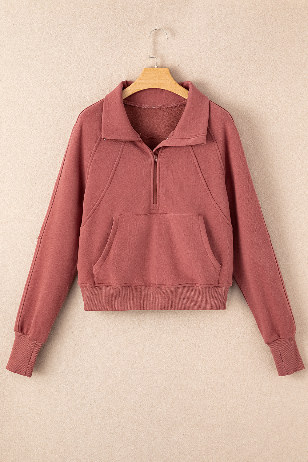 Brown Fleece Lined Zip Up Stand Collar Thumbhole Sleeve Sweatshirt - Image 5