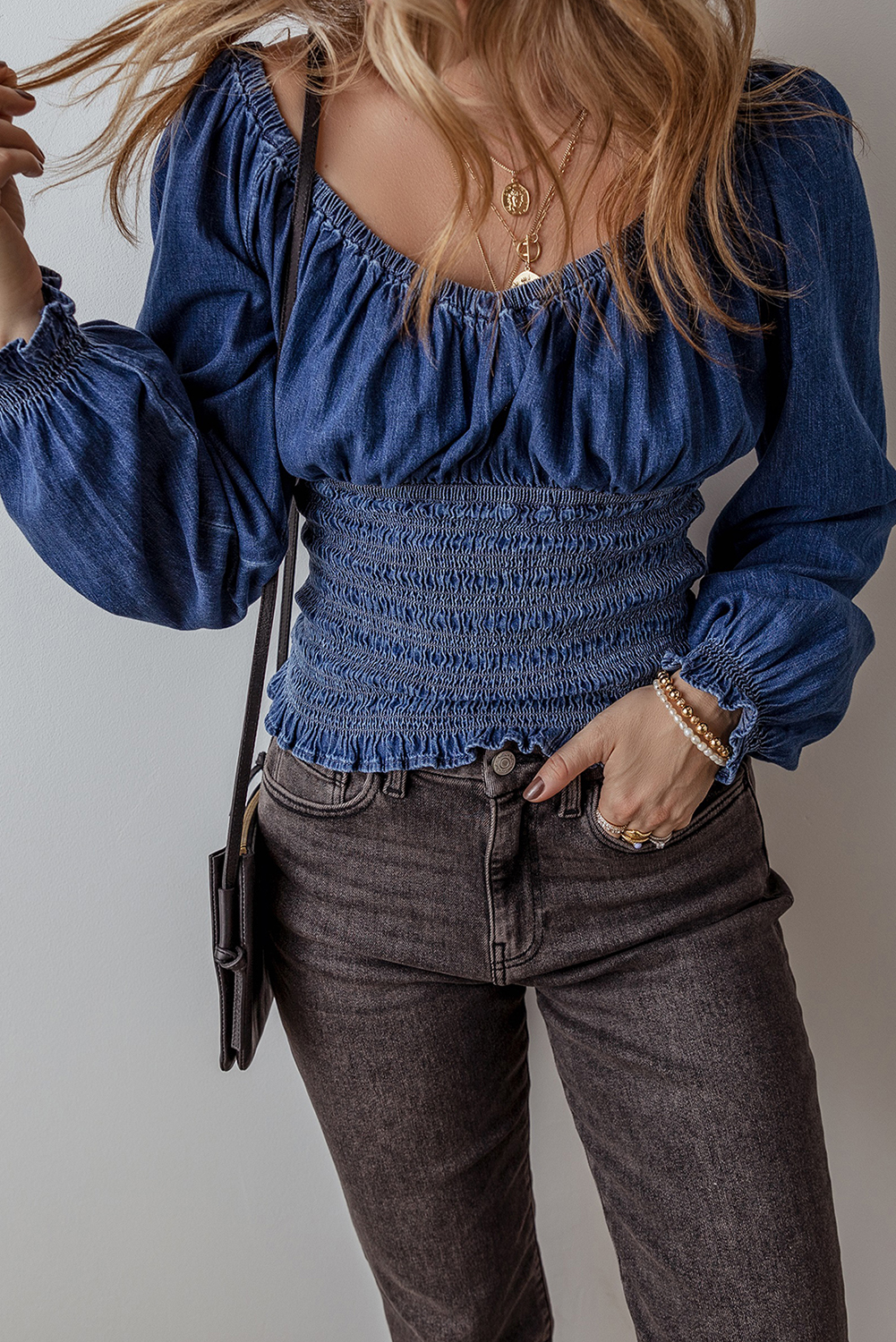 Dark Blue Smocked Ruffled Puff Sleeve V Neck Denim Blouse - Image 4