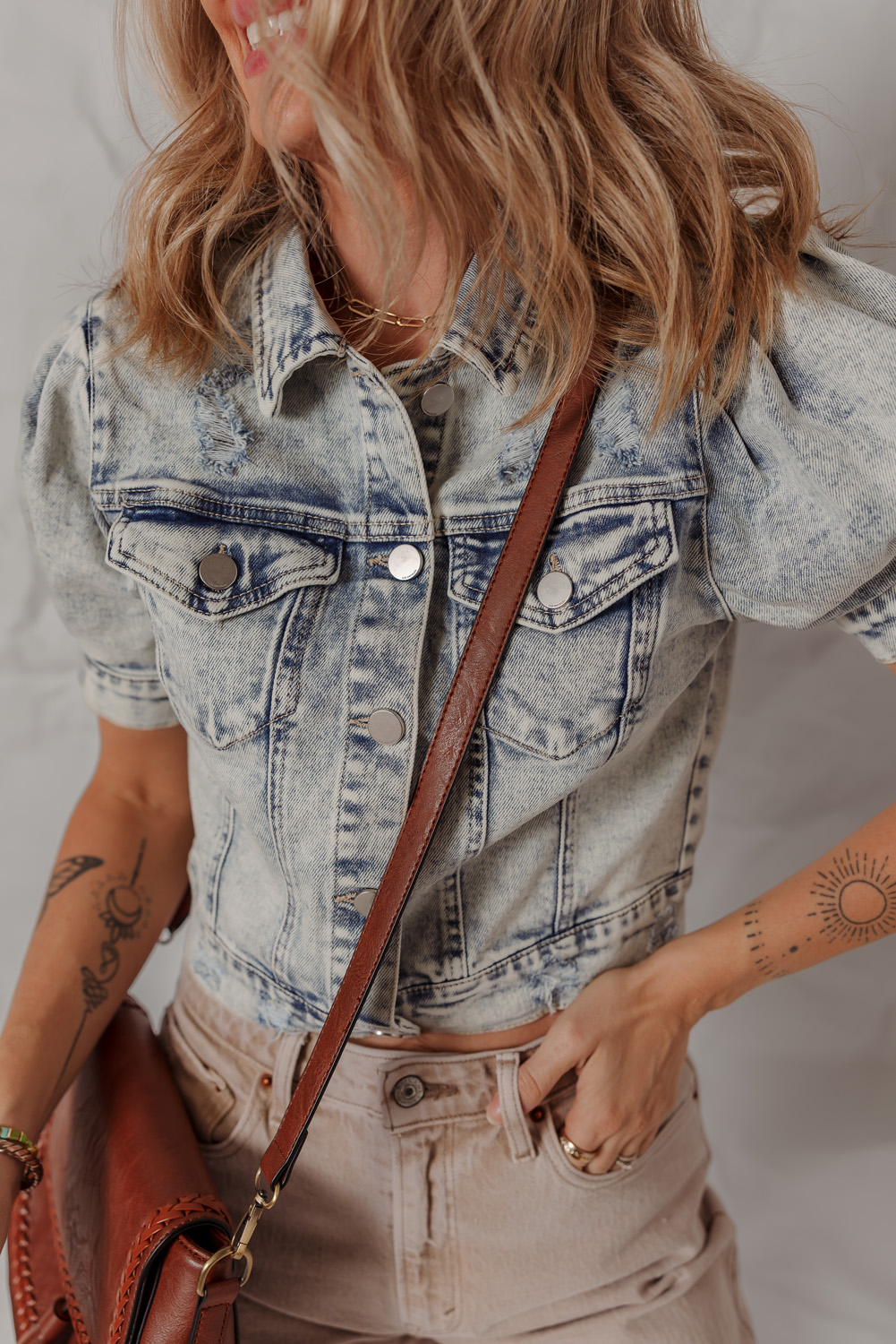 Beau Blue Light Wash Buttoned Chest Pocket Puff Sleeve Denim Jacket - Image 3