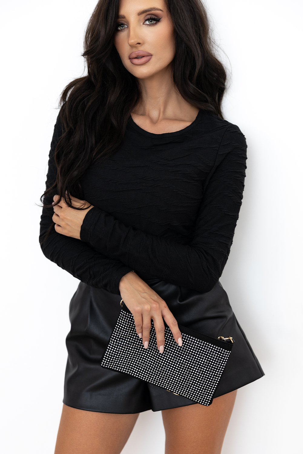 Black Solid Wavy Textured Slim Fit Long Sleeve T Shirt - Image 5