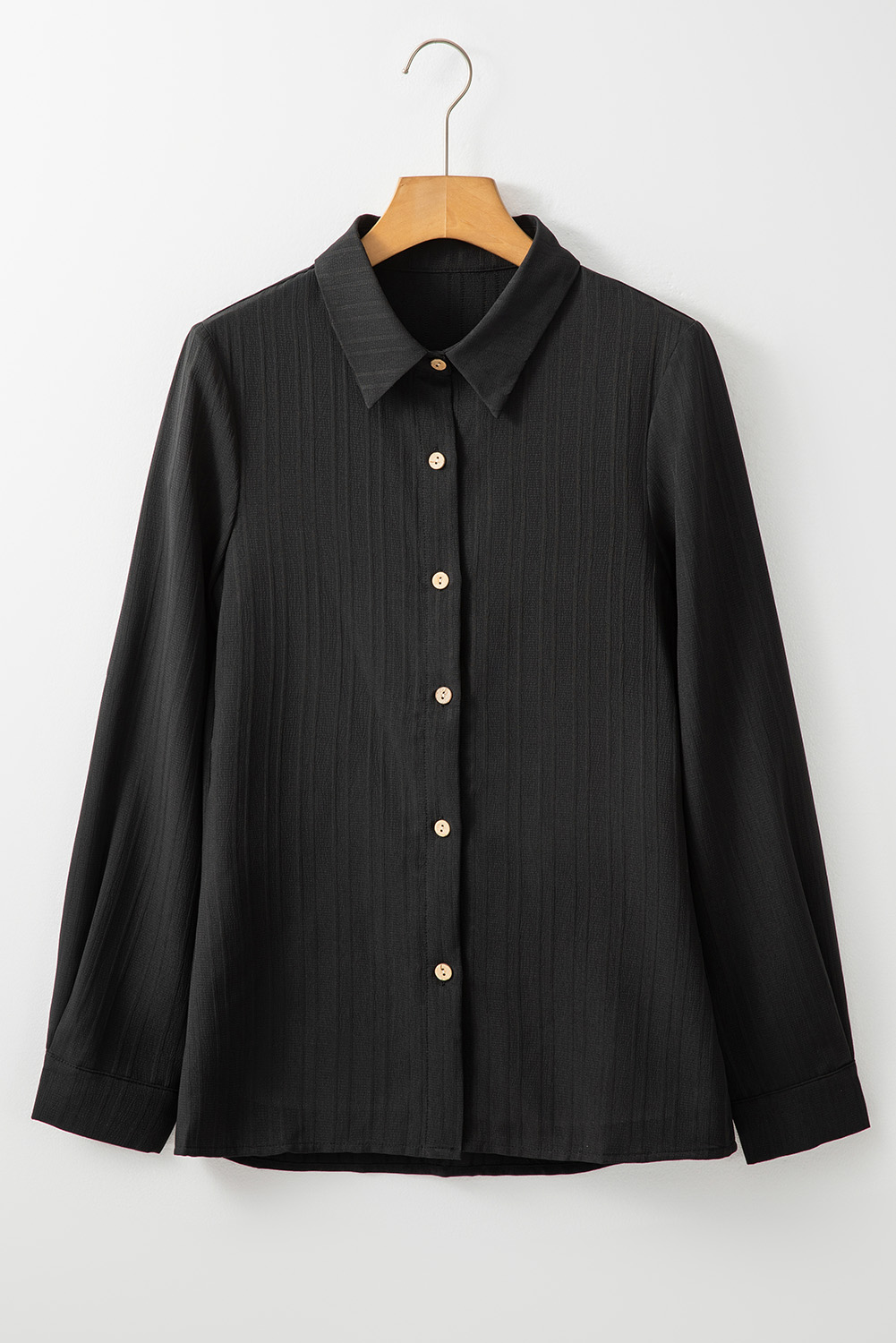 Black Solid Color Textured Buttoned Turn Down Collar Shirt - Image 7