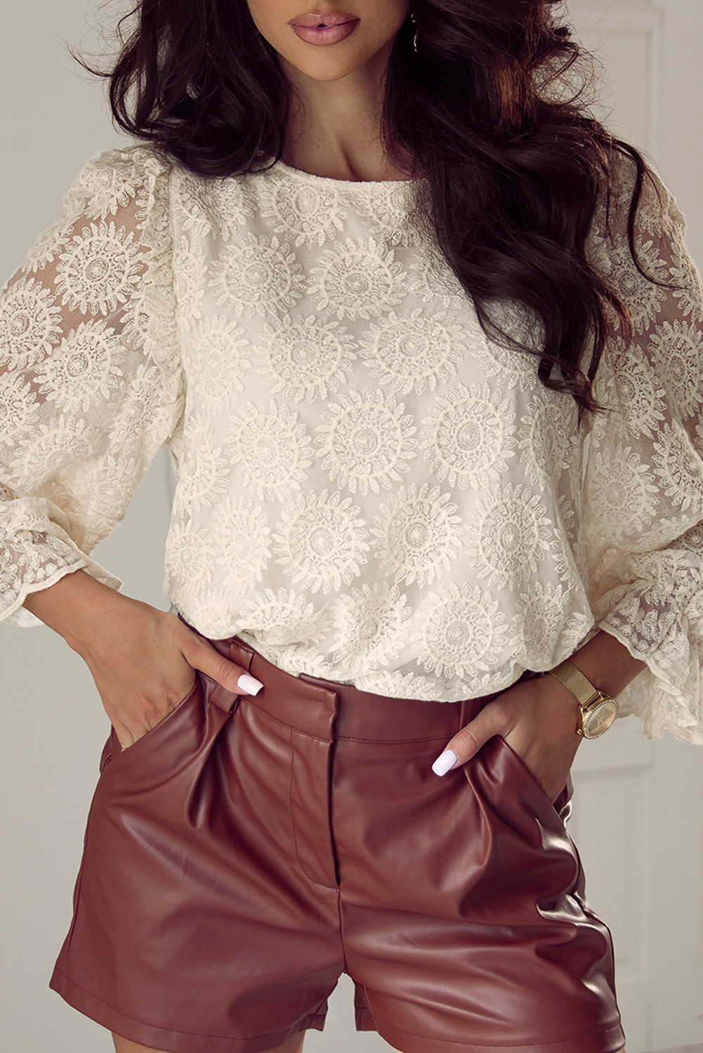 Oatmeal Flower Jacquard Button Back Ruffled 3/4 Sleeve Blouse - Image 8