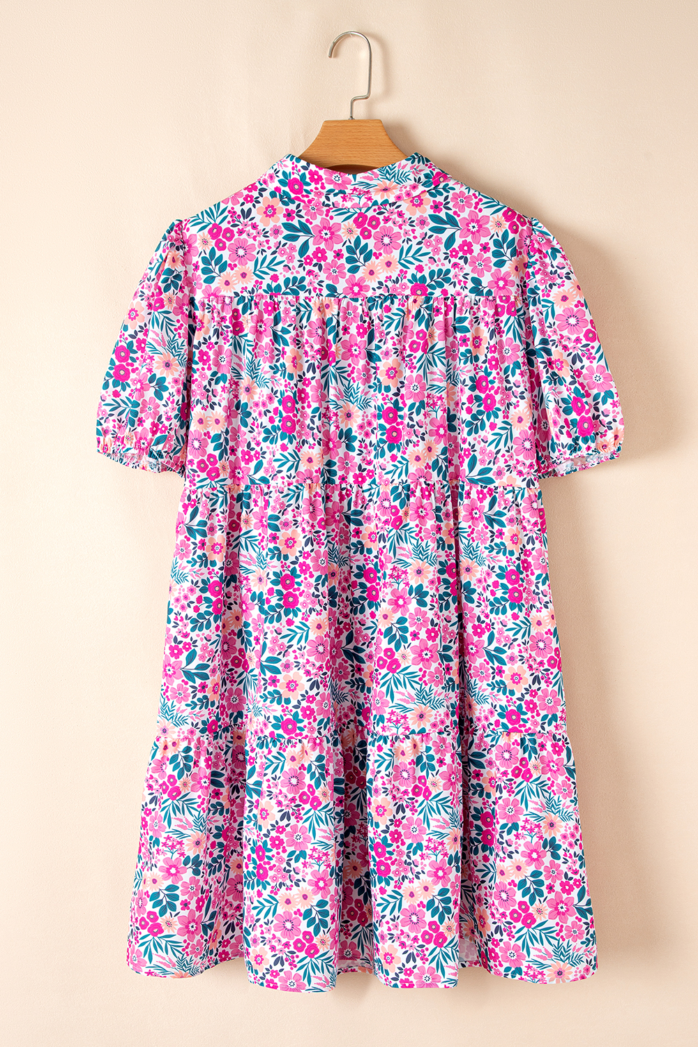 Pink Plus Size Floral Half Button Short Puff Sleeve A-line Dress - Image 6