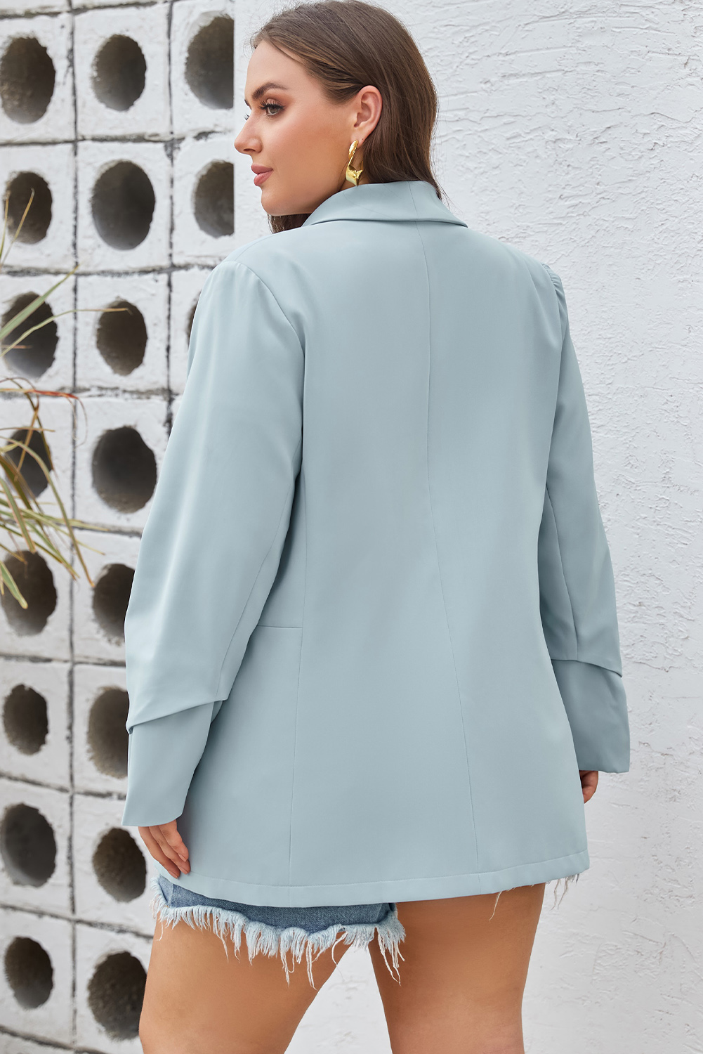 Sky Blue Plus Size Soft Lightweight Pocketed Lapel Blazer - Image 2