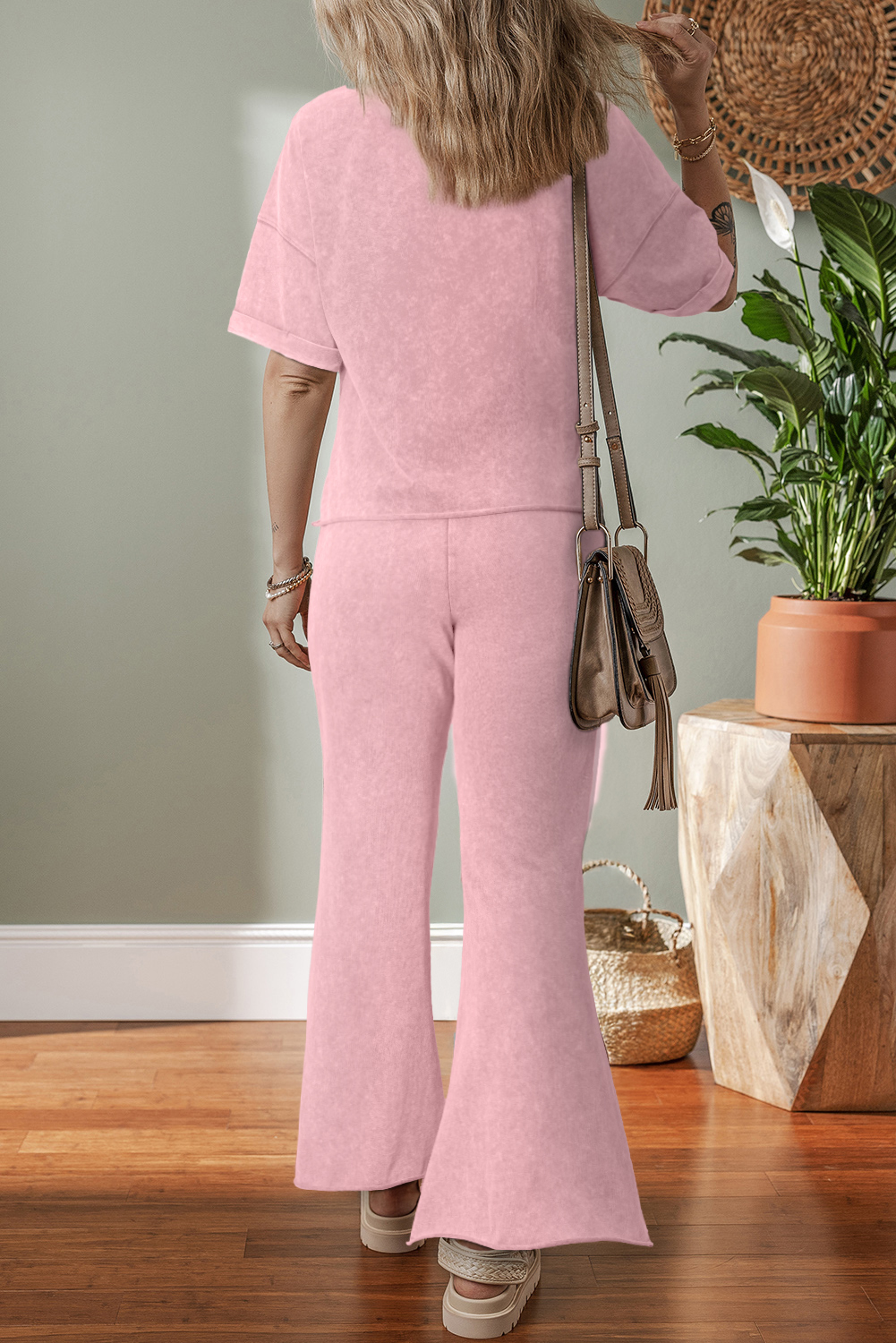 Light Pink Acid Wash Star Patched Rolled Trim Pants Set - Image 2