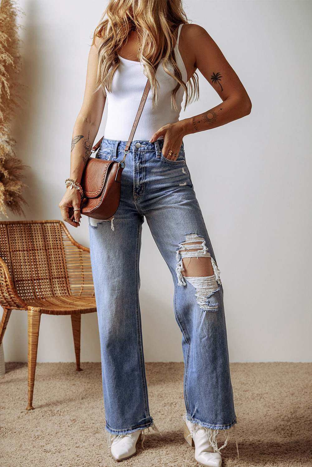 Ashleigh Blue Distressed Raw Hem Straight Leg High Waist Jeans - Image 4