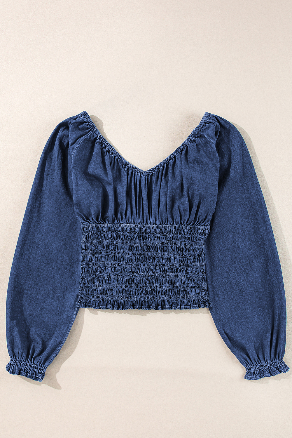 Dark Blue Smocked Ruffled Puff Sleeve V Neck Denim Blouse - Image 8