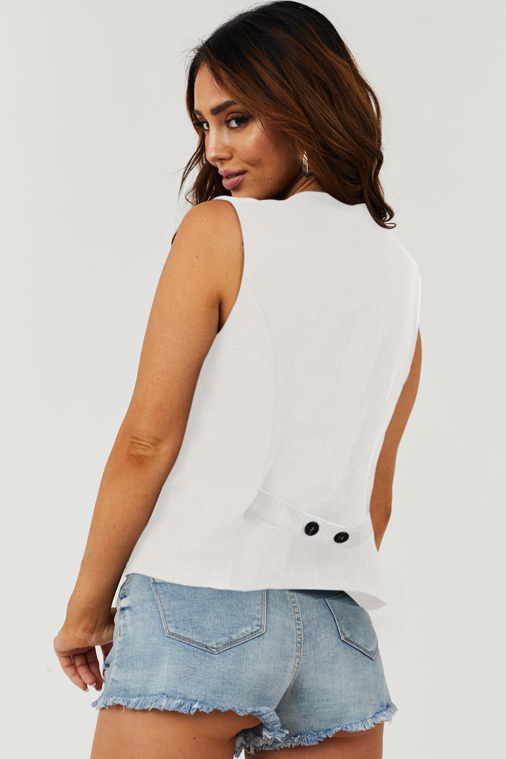 White Solid Color Button up V Neck Suit Vest - Image 2