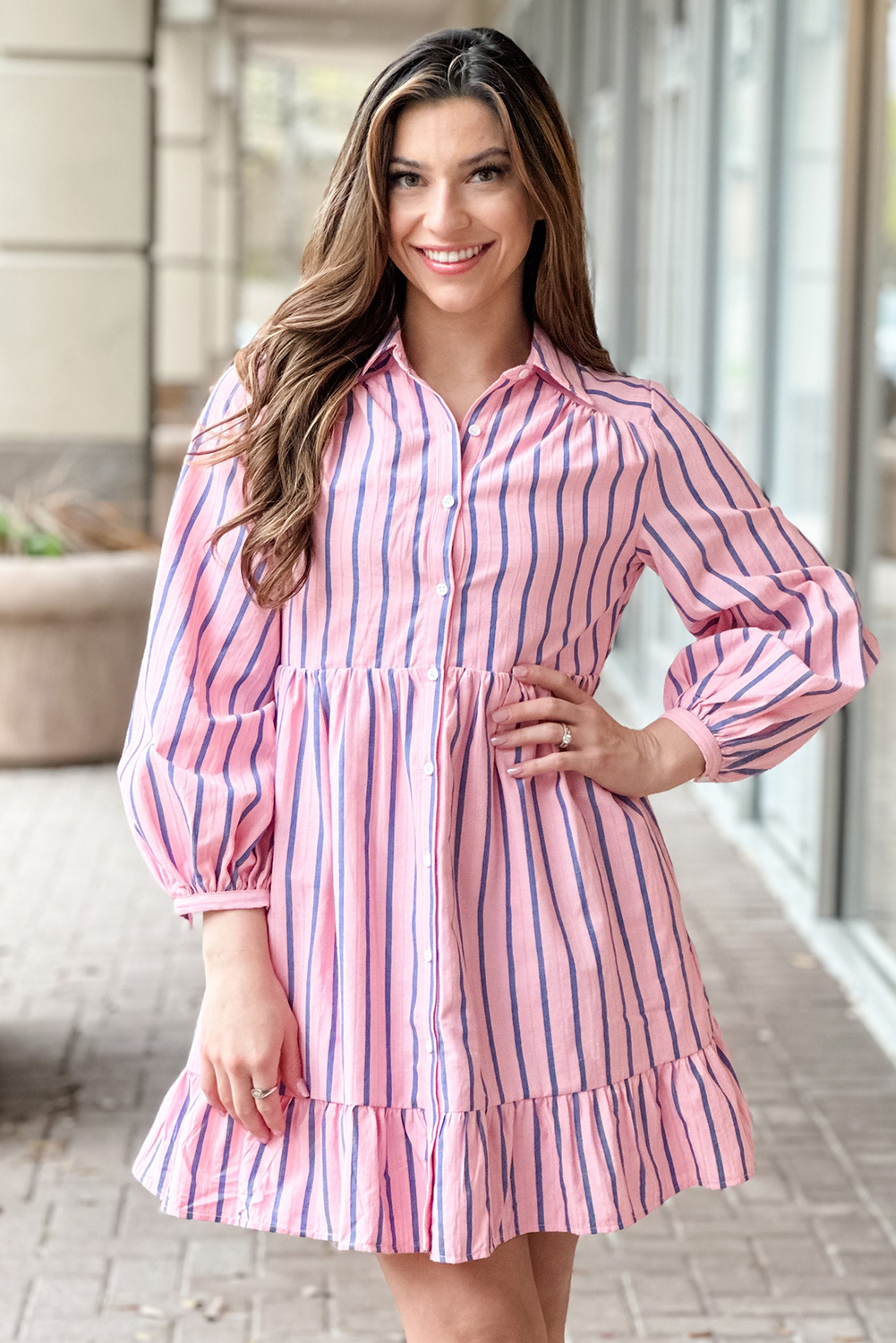 Pink Stripe Ruffled Hem Button-up Collared Shirt Mini Dress - Image 4