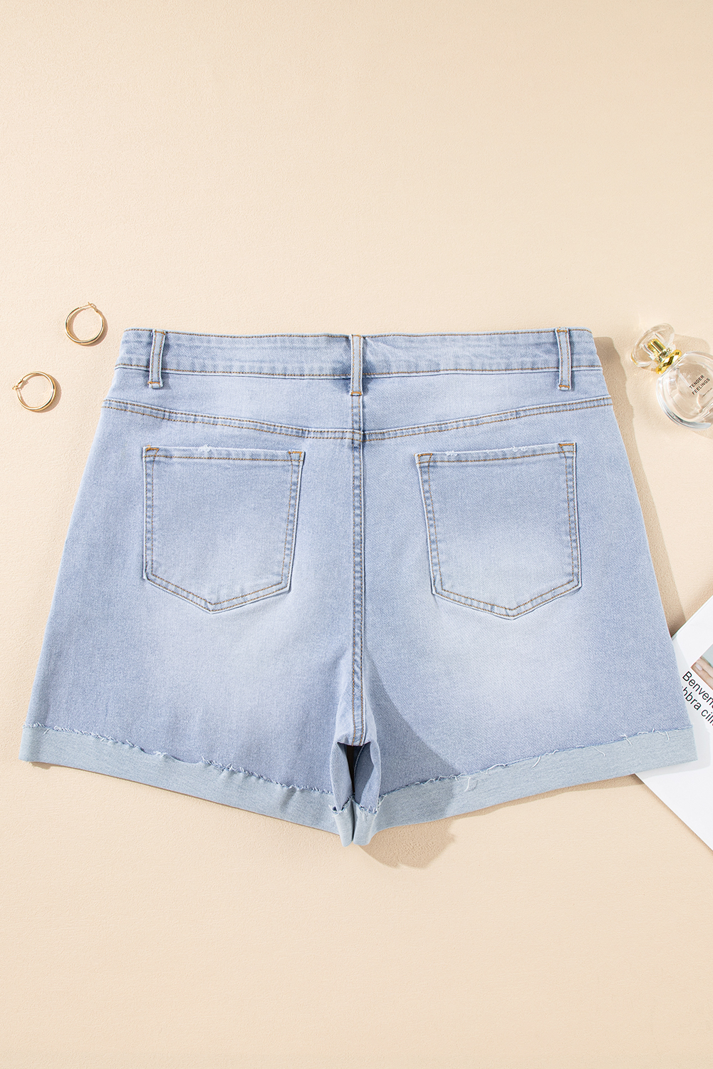 Beau Blue Folded Edge High Waist Plus Size Denim Shorts - Image 4