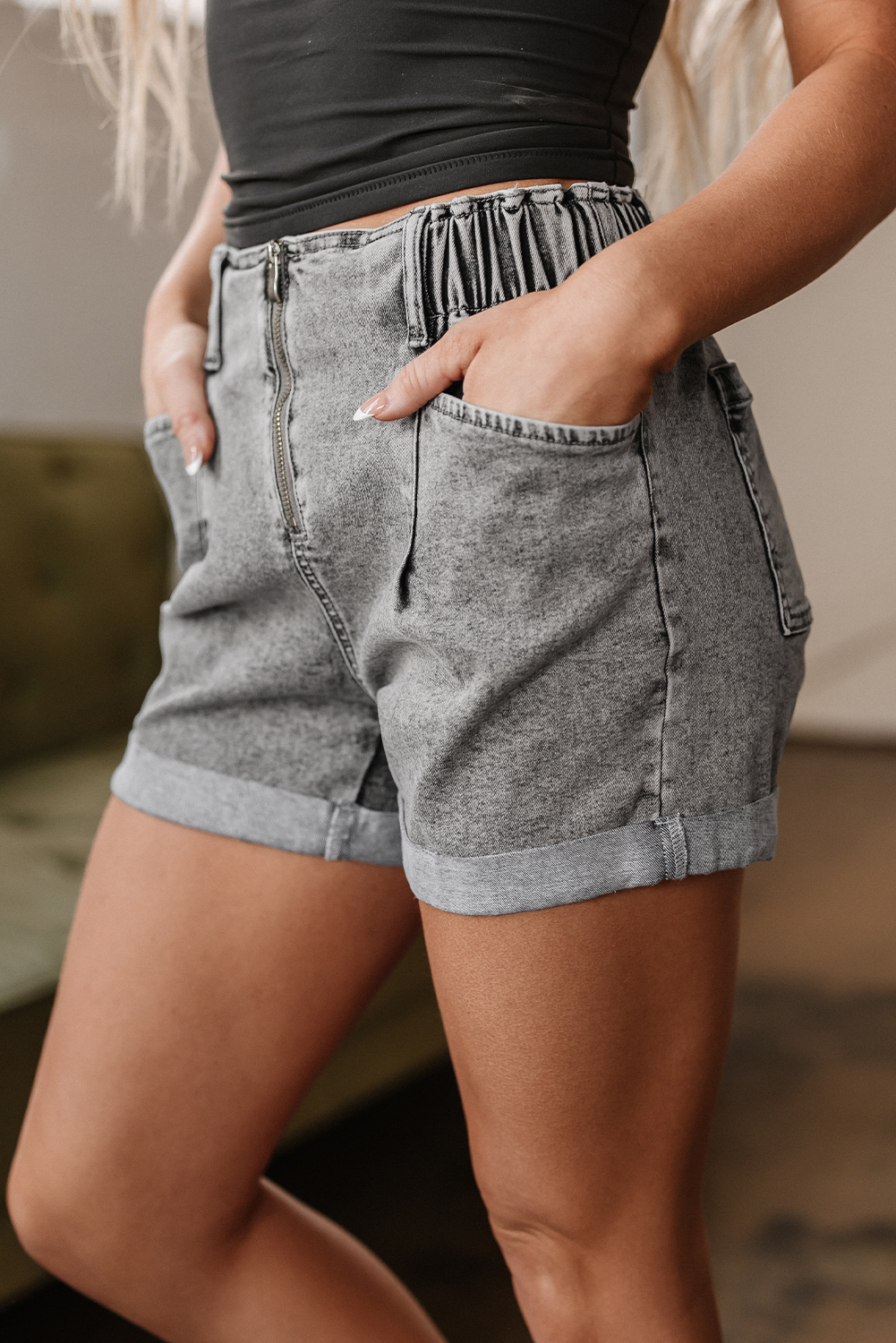 Gray Zipped Light Wash Cuffed Edge Denim Shorts - Image 2