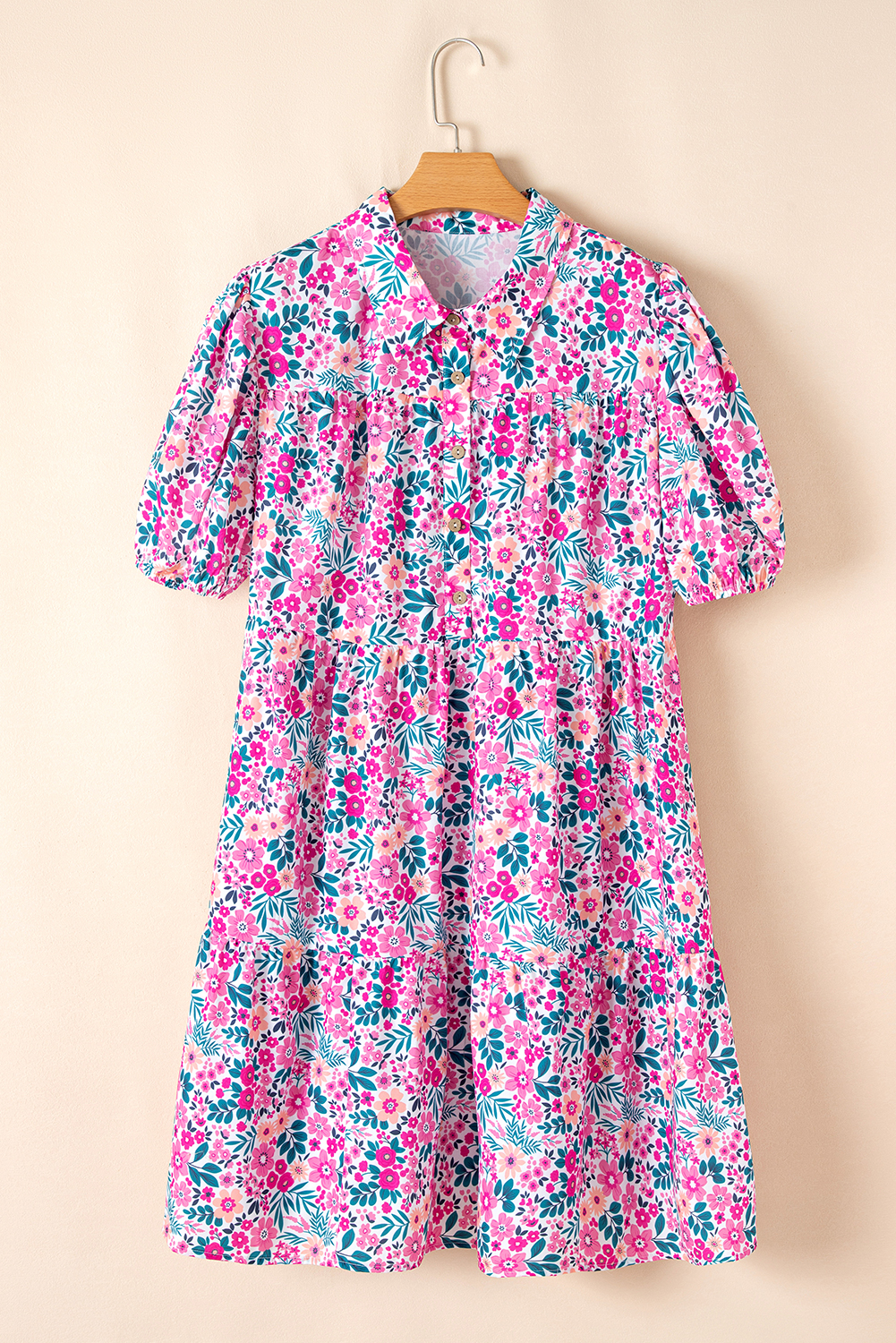 Pink Plus Size Floral Half Button Short Puff Sleeve A-line Dress - Image 5