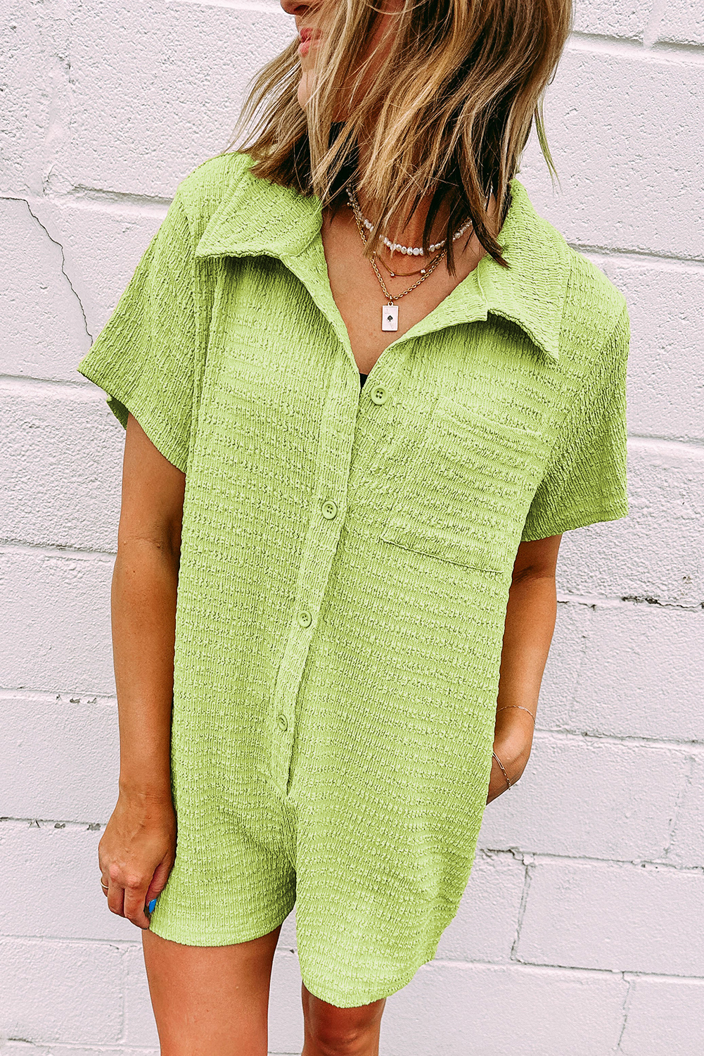 Meadow Mist Green Textured Short Sleeve Patched Pocket Buttoned Shirt Romper - Image 3
