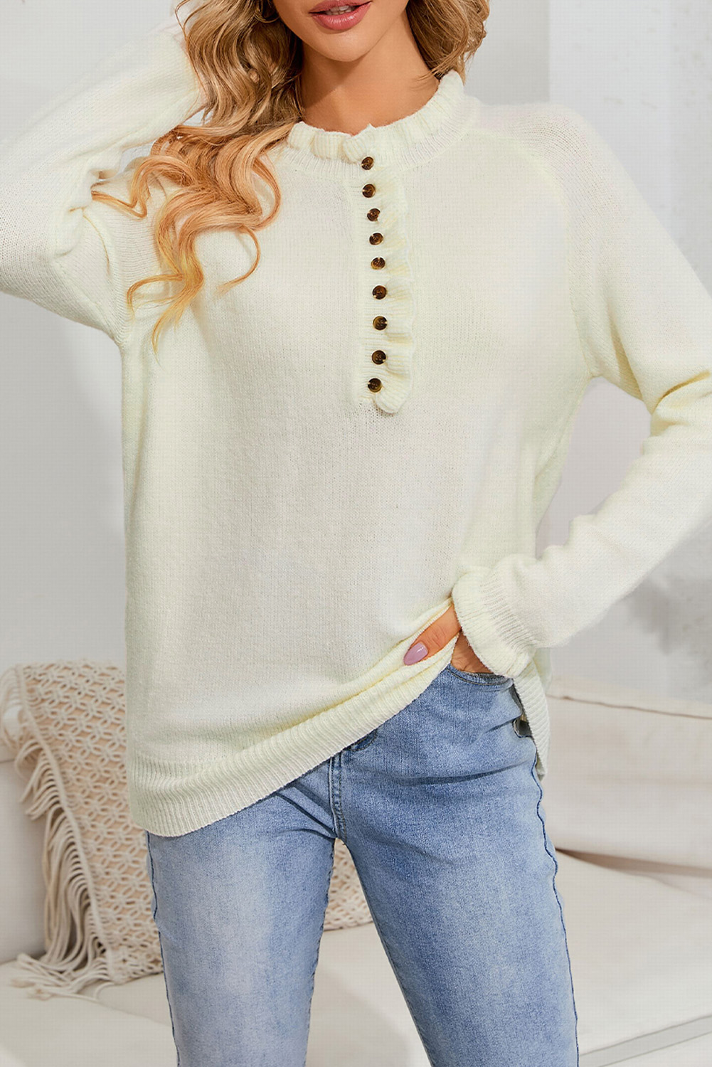 Beige Frill Trim Buttoned Knit Pullover Sweater - Image 6