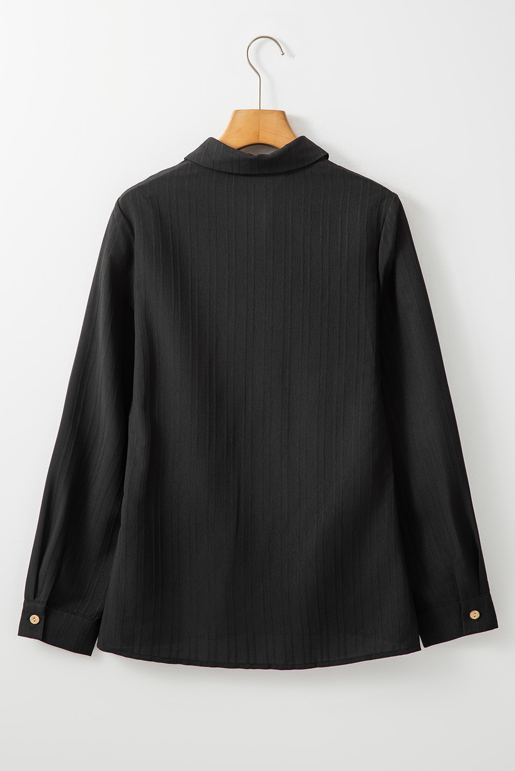 Black Solid Color Textured Buttoned Turn Down Collar Shirt - Image 8