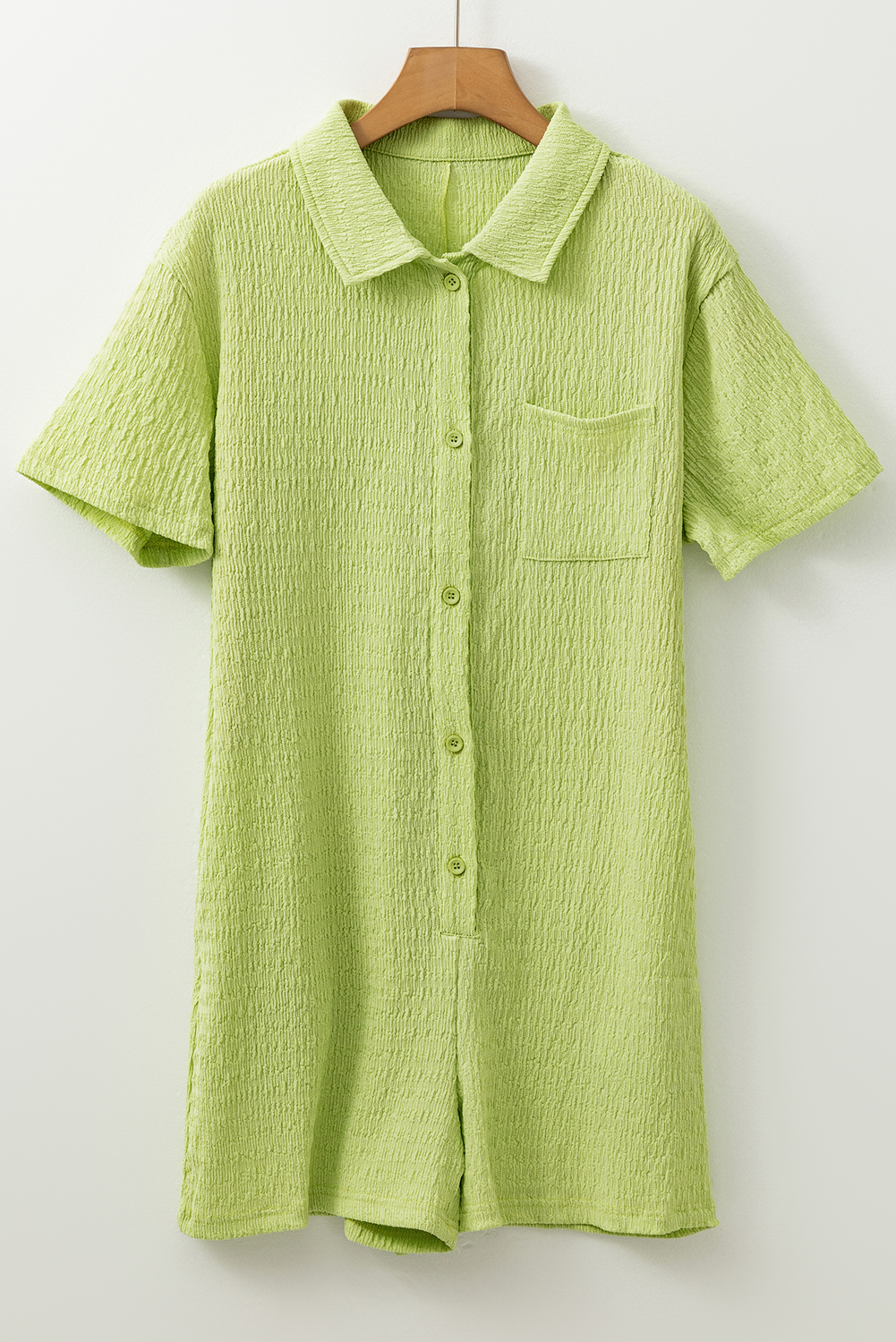 Meadow Mist Green Textured Short Sleeve Patched Pocket Buttoned Shirt Romper - Image 4