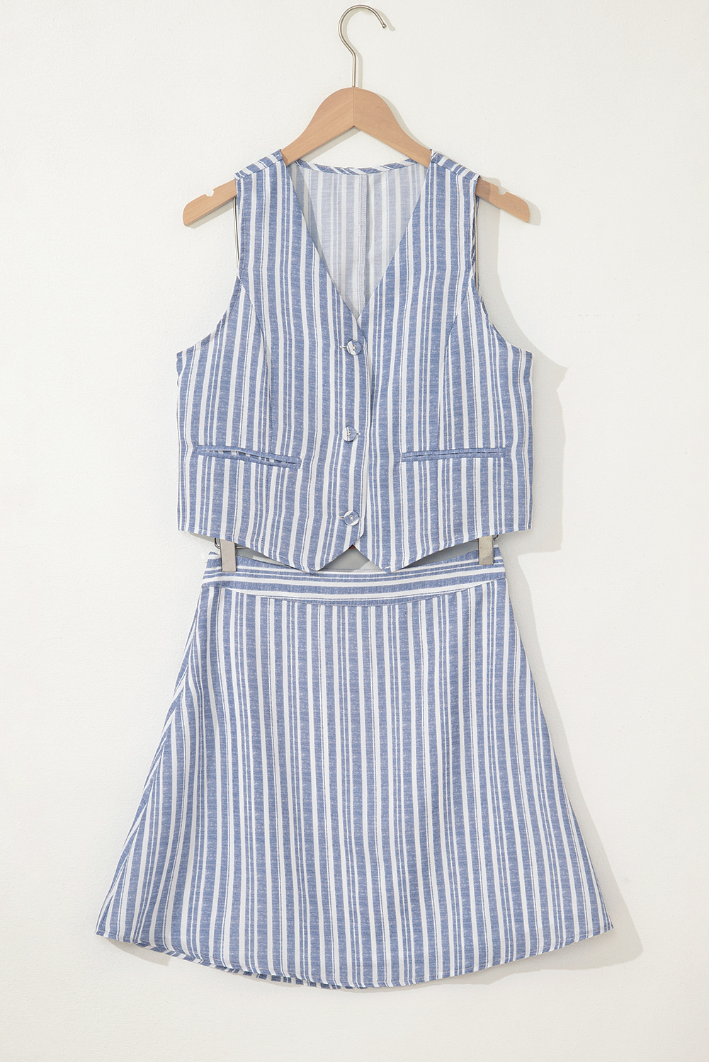 Sky Blue Stripe Buttoned Office Waistcoat Mini Skirt Set - Image 3