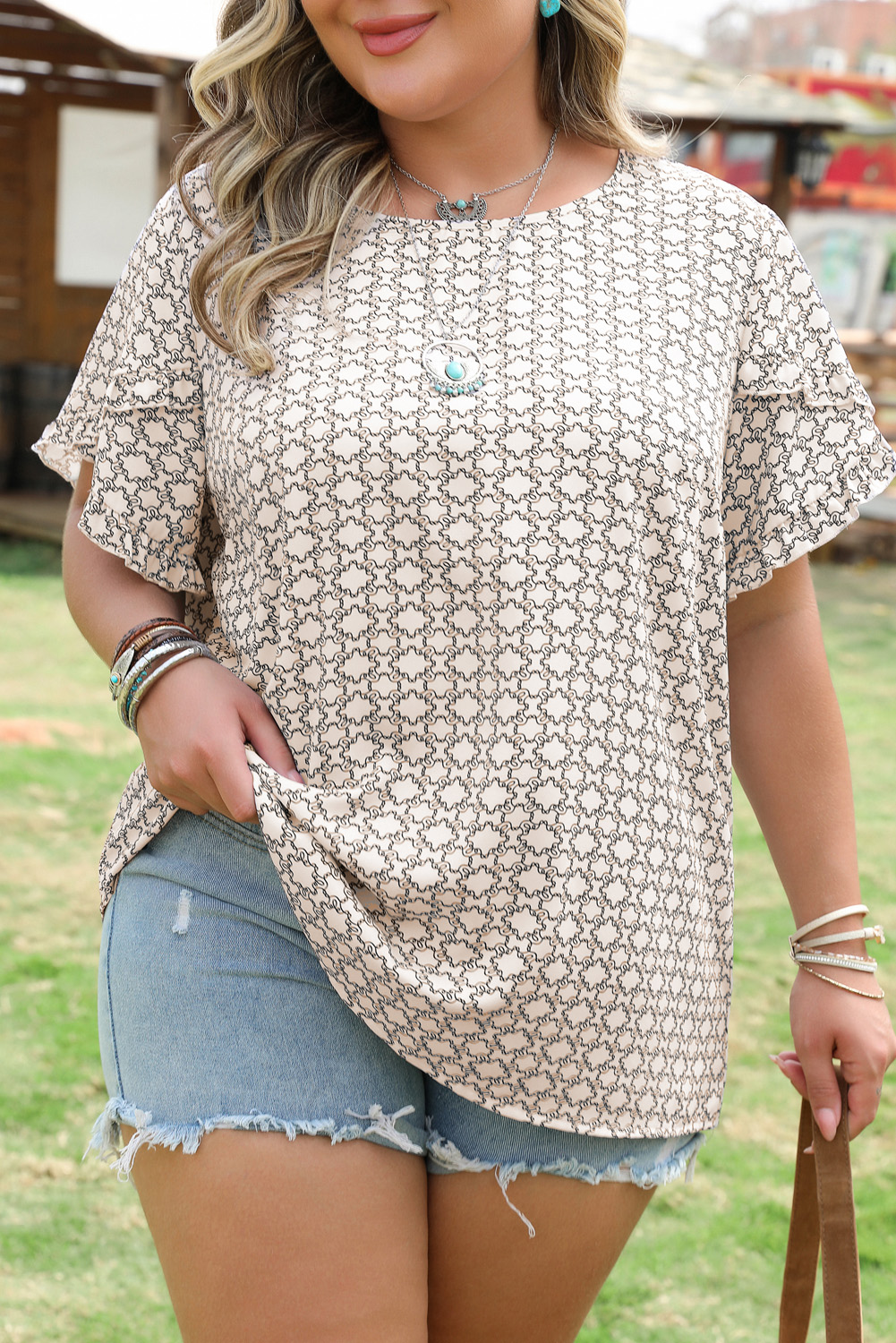 Khaki Plus Size Geometric Print Ruffled Sleeve Blouse - Image 9