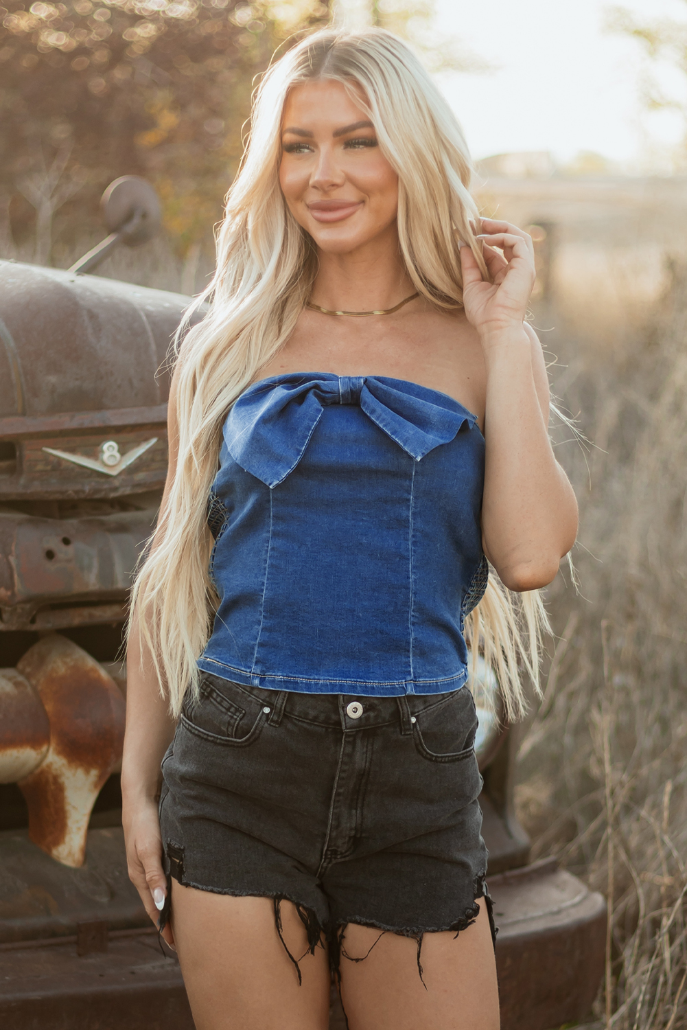 Sail Blue Vintage Bow Front Smocked Back Denim Tube Top - Image 7