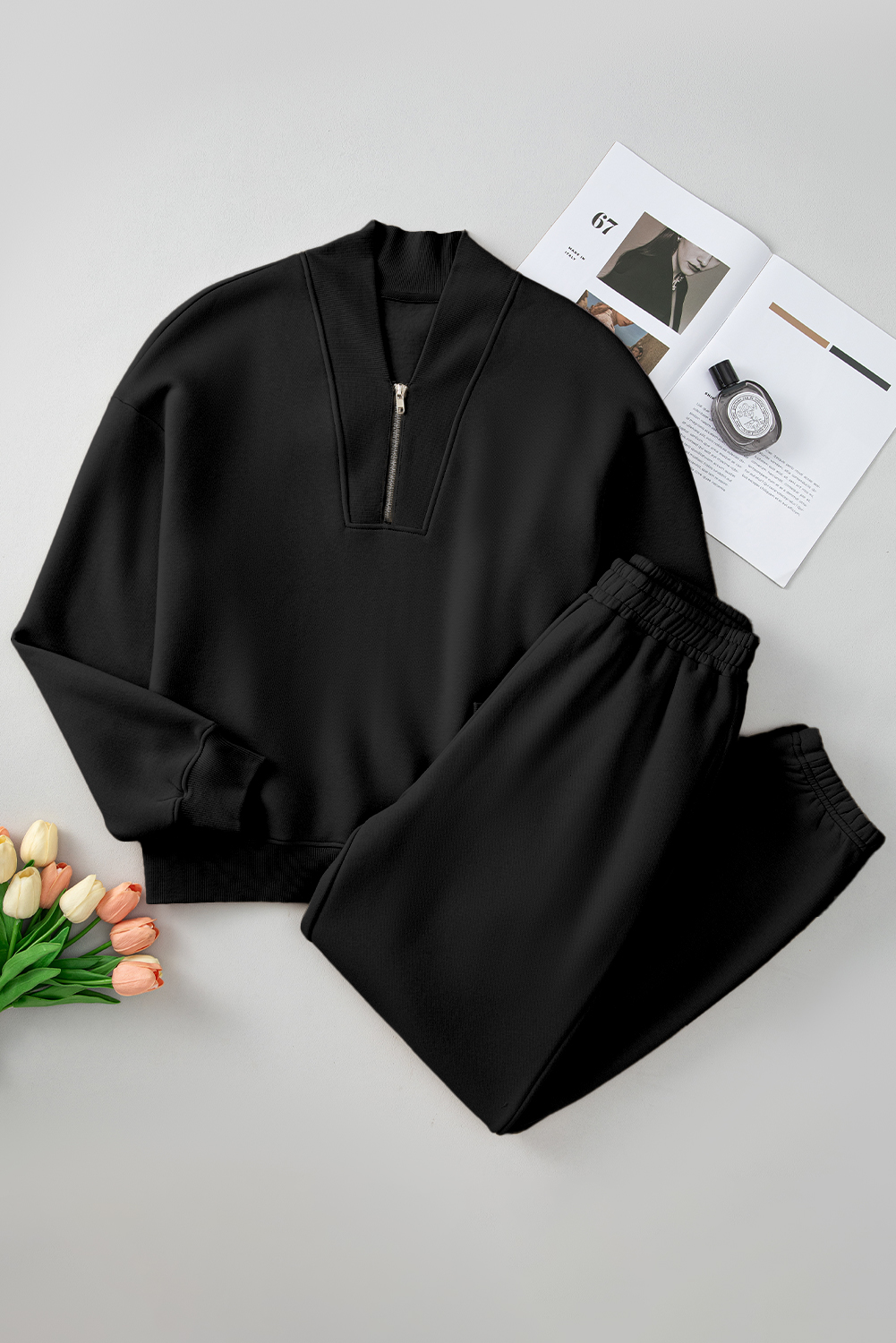 Black Plain Half Zip V Neck Ribbed Edge Loose Tracksuit - Image 6