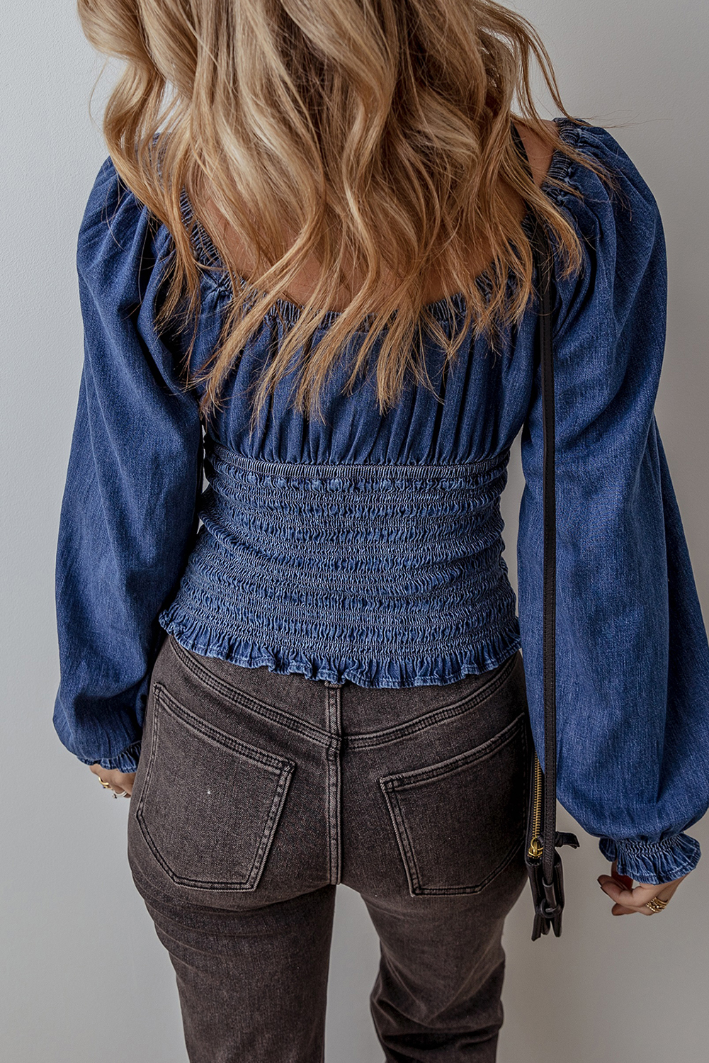 Dark Blue Smocked Ruffled Puff Sleeve V Neck Denim Blouse - Image 2