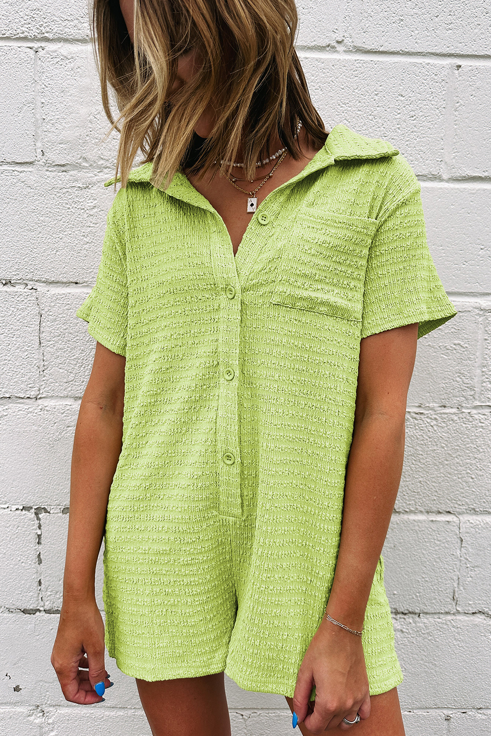 Meadow Mist Green Textured Short Sleeve Patched Pocket Buttoned Shirt Romper - Image 2