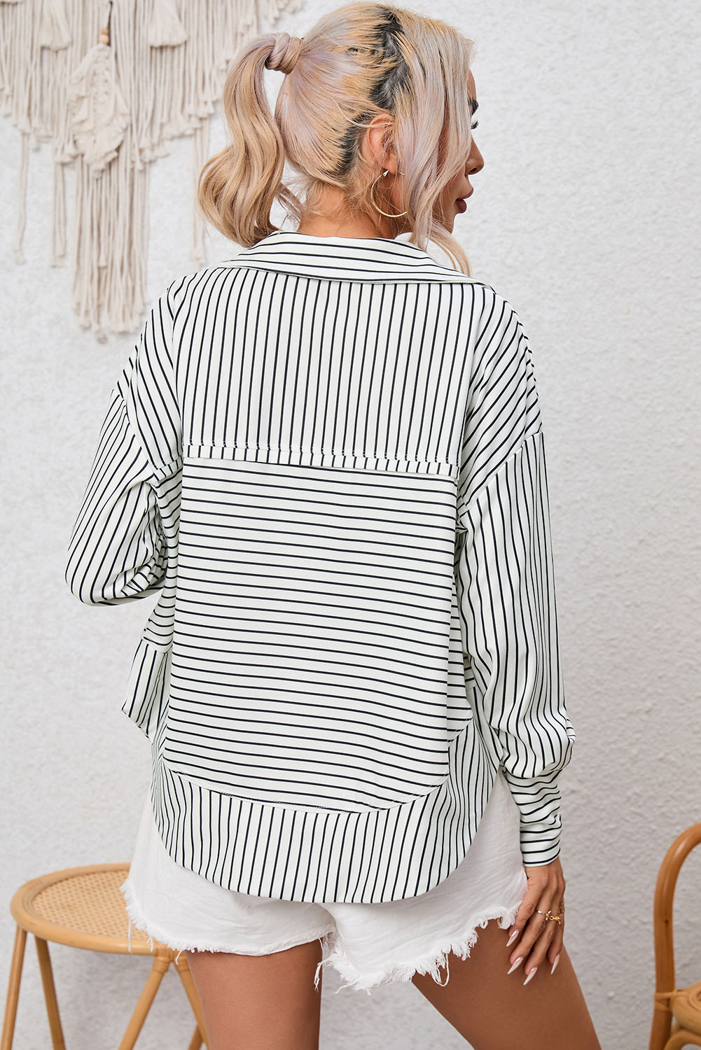 White Striped Thumbhole Drop Shoulder V Neck Top - Image 8