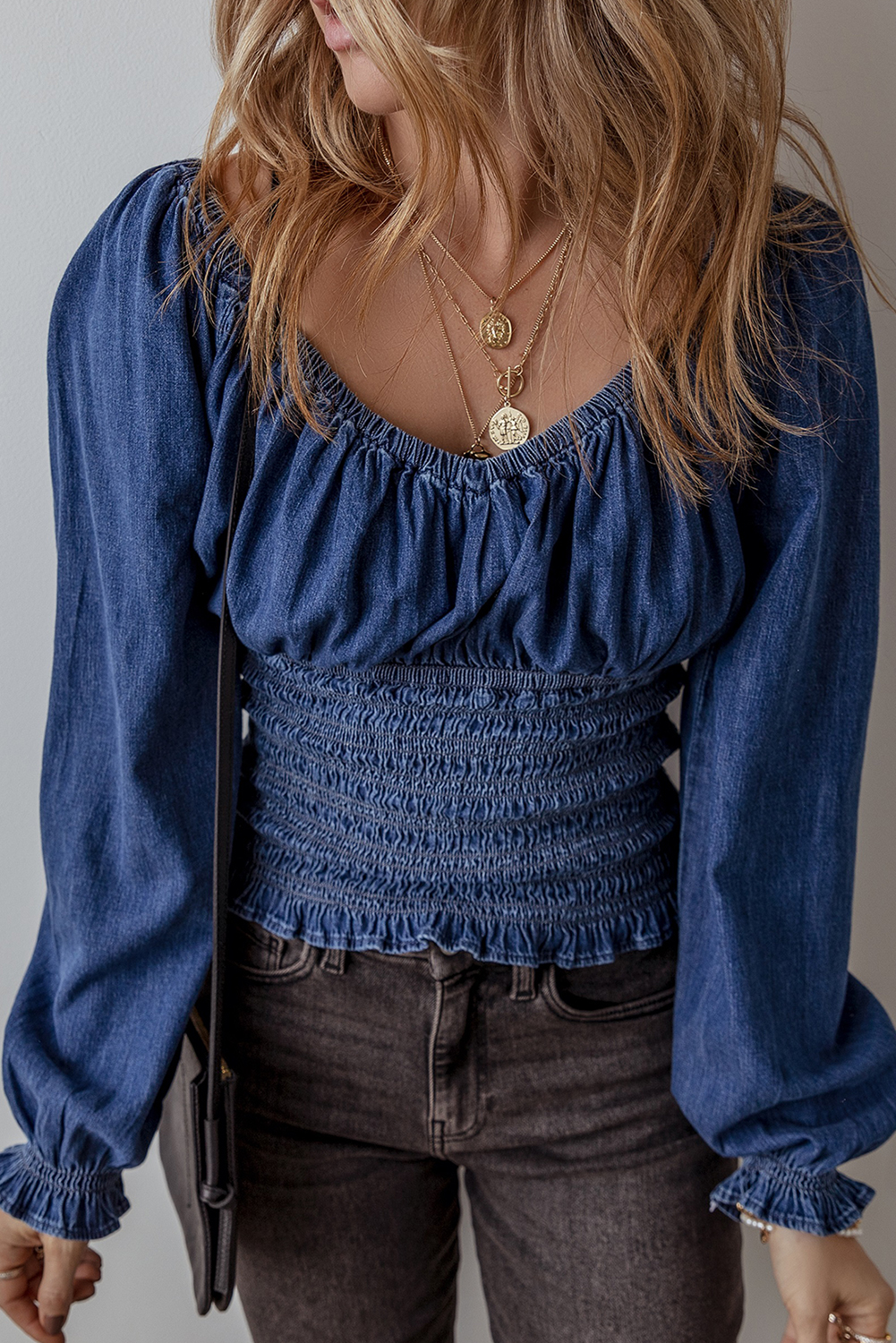 Dark Blue Smocked Ruffled Puff Sleeve V Neck Denim Blouse - Image 6