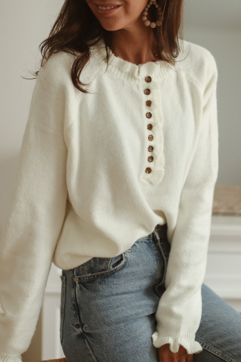Beige Frill Trim Buttoned Knit Pullover Sweater - Image 8
