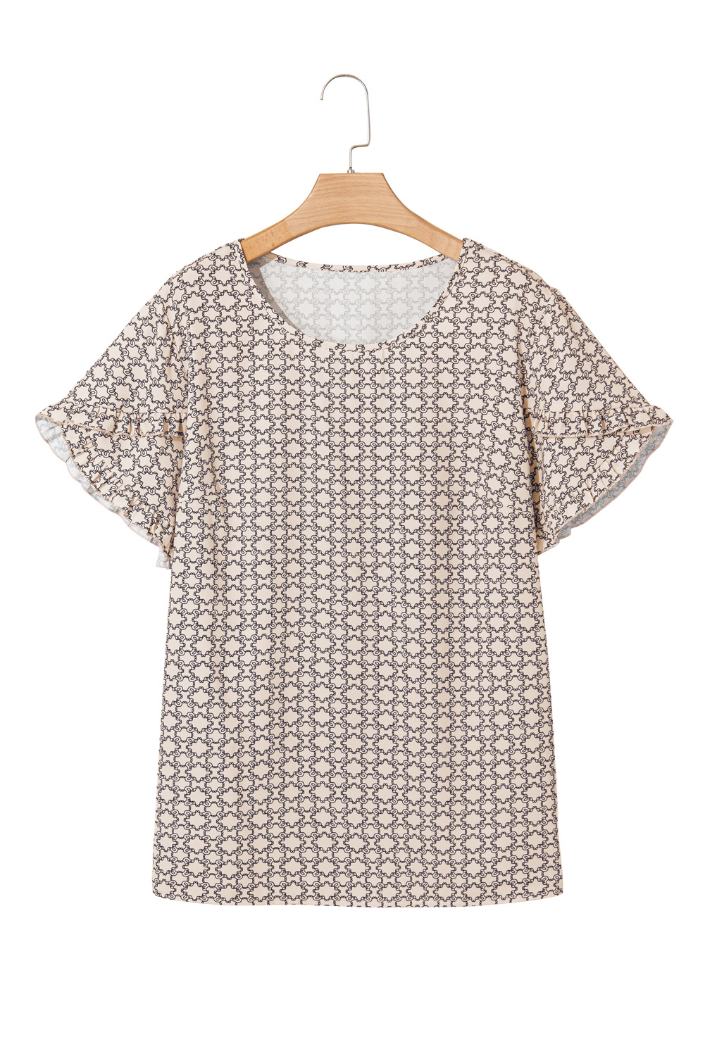 Khaki Plus Size Geometric Print Ruffled Sleeve Blouse - Image 12