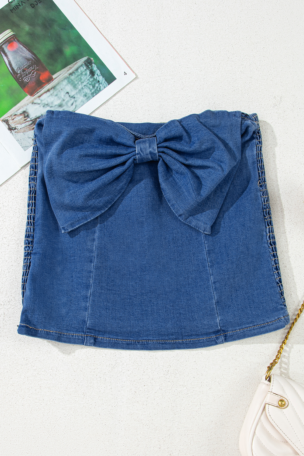 Sail Blue Vintage Bow Front Smocked Back Denim Tube Top - Image 10