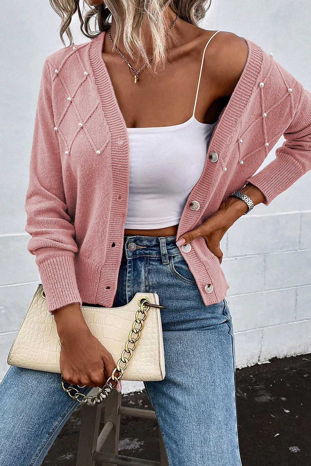 Sepia Rose Textured Knit Pearl Beaded Button Up Cardigan - Image 5