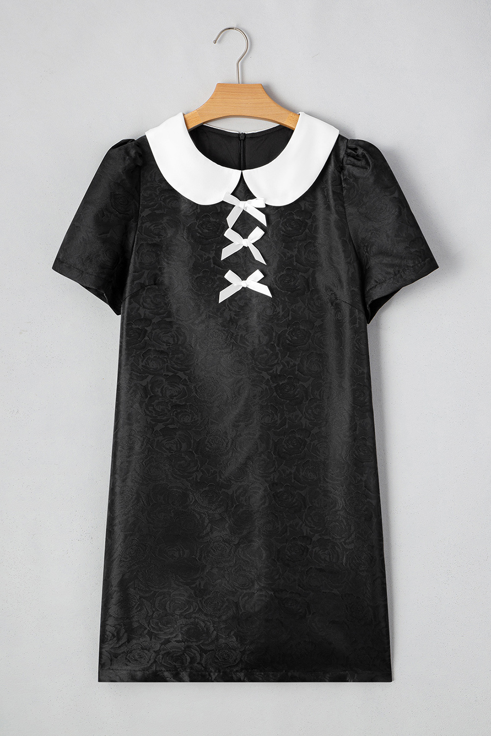 Black Floral Embossed Puff Sleeve Colorblock Bow Collared Mini Dress - Image 4
