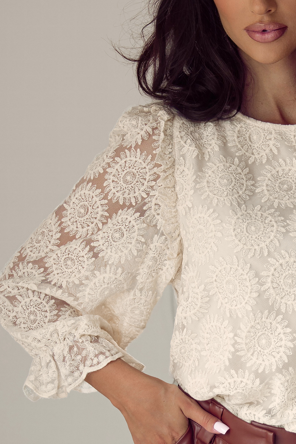 Oatmeal Flower Jacquard Button Back Ruffled 3/4 Sleeve Blouse - Image 7