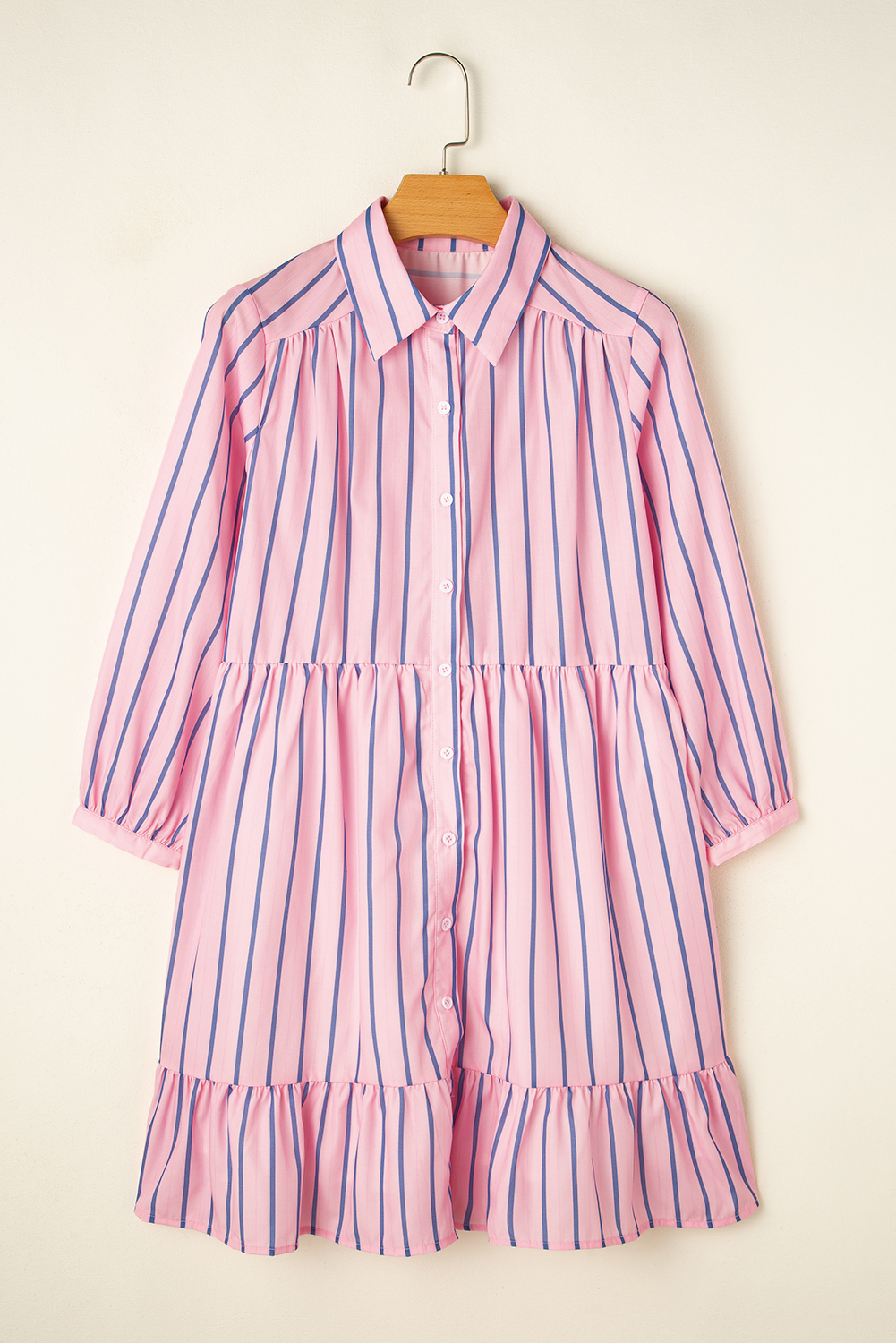 Pink Stripe Ruffled Hem Button-up Collared Shirt Mini Dress - Image 5