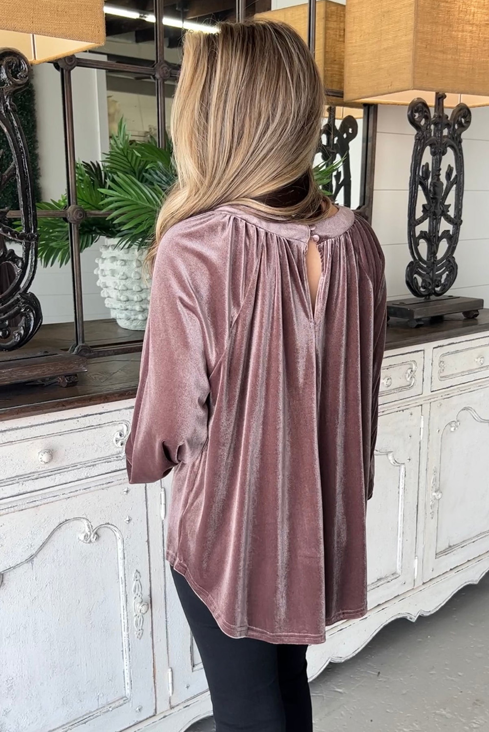 Rose Tan Button Keyhole Back Velvet Swing Top - Image 2