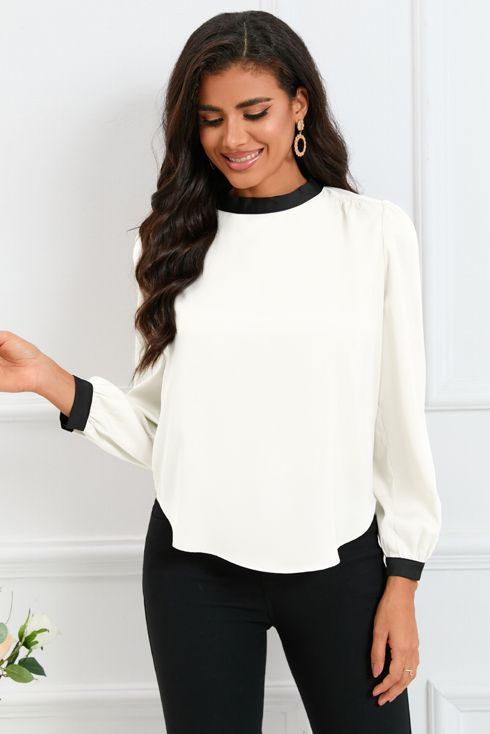 White Color Block Bow Back Mock Neck Blouse - Image 4