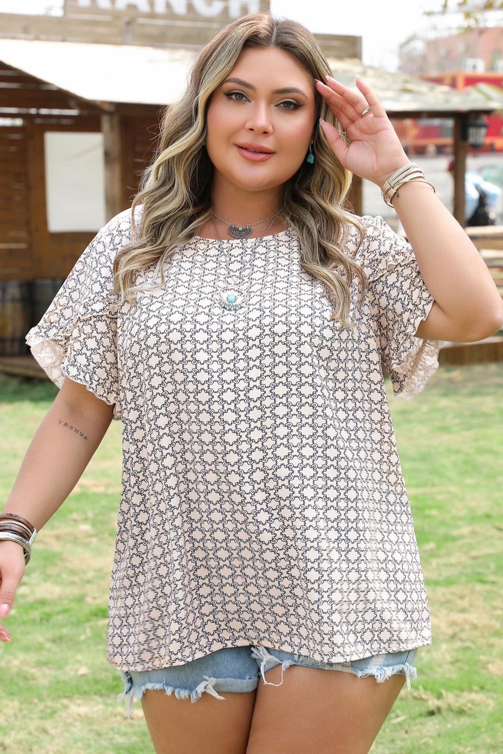 Khaki Plus Size Geometric Print Ruffled Sleeve Blouse - Image 7