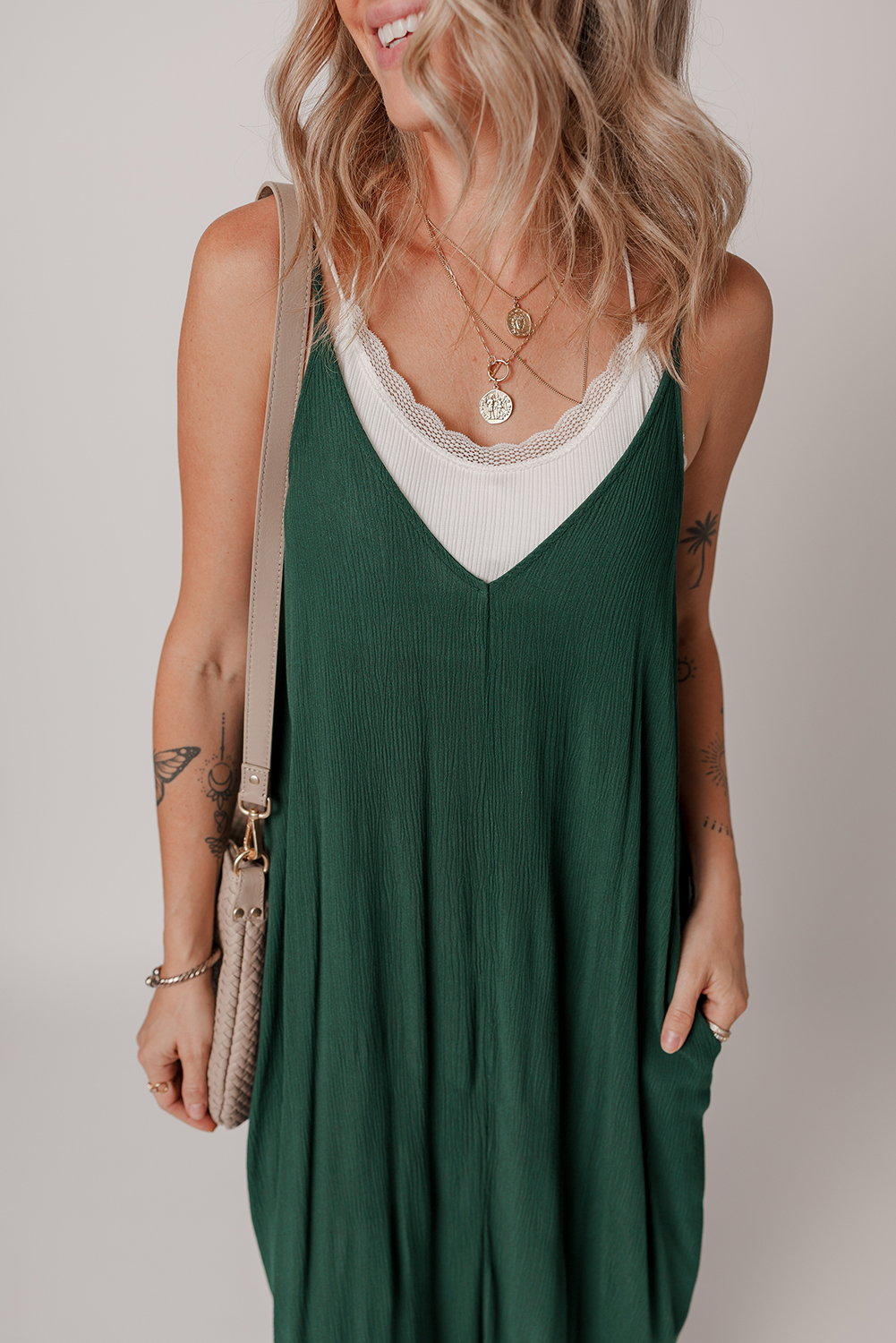 Duffel Green Spaghetti Straps Pocketed Slouchy Maxi Dress - Image 4