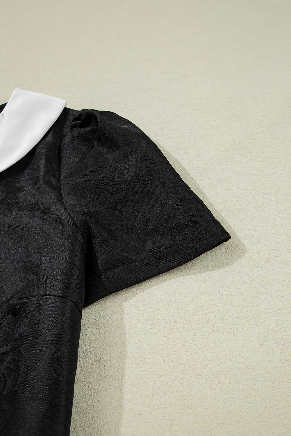 Black Floral Embossed Puff Sleeve Colorblock Bow Collared Mini Dress - Image 8