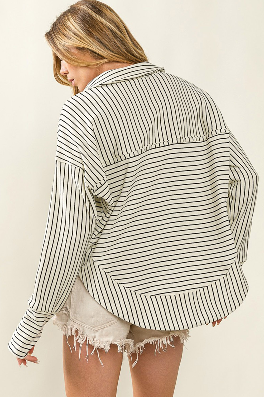 White Striped Thumbhole Drop Shoulder V Neck Top - Image 2
