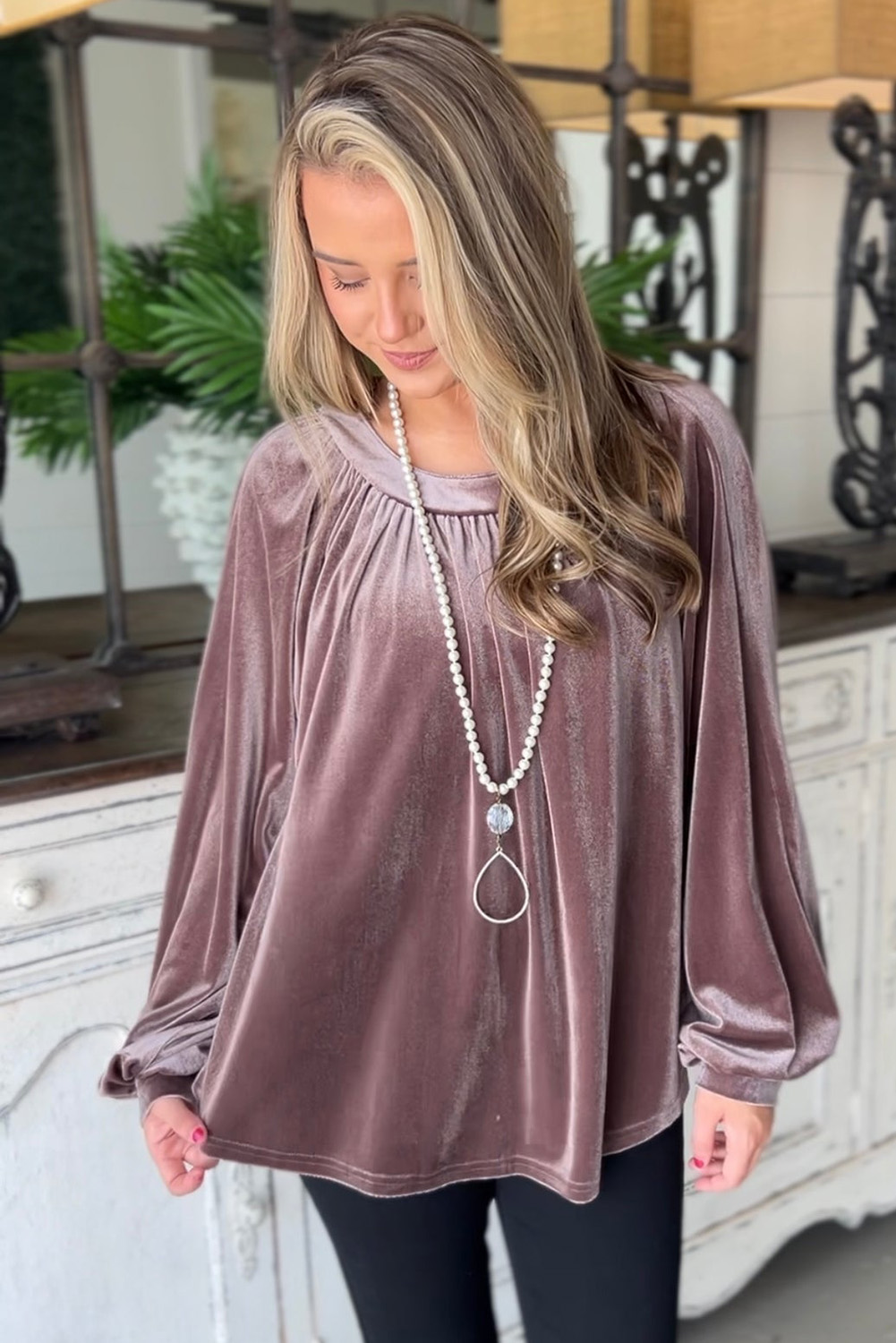Rose Tan Button Keyhole Back Velvet Swing Top - Image 4