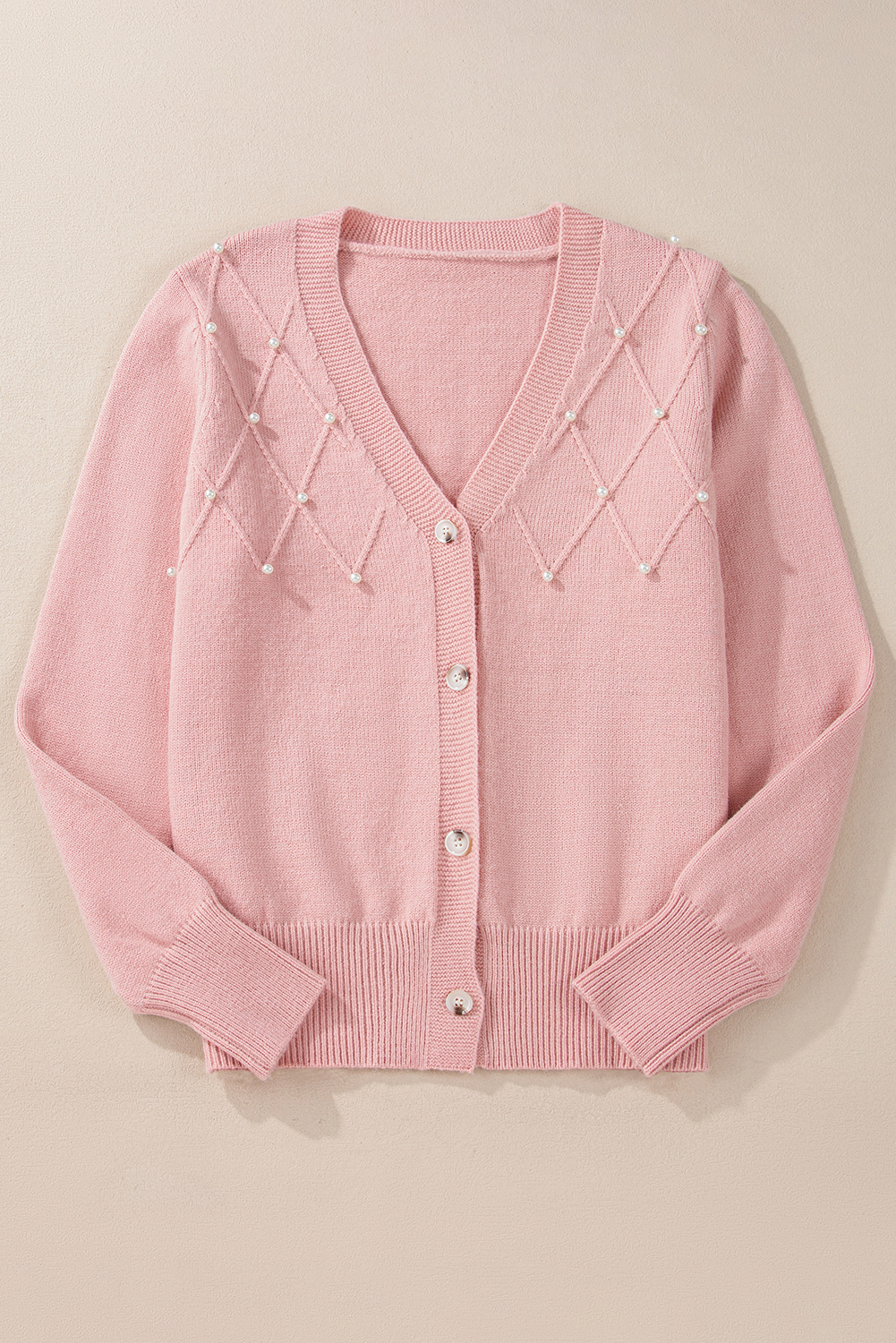 Sepia Rose Textured Knit Pearl Beaded Button Up Cardigan - Image 6