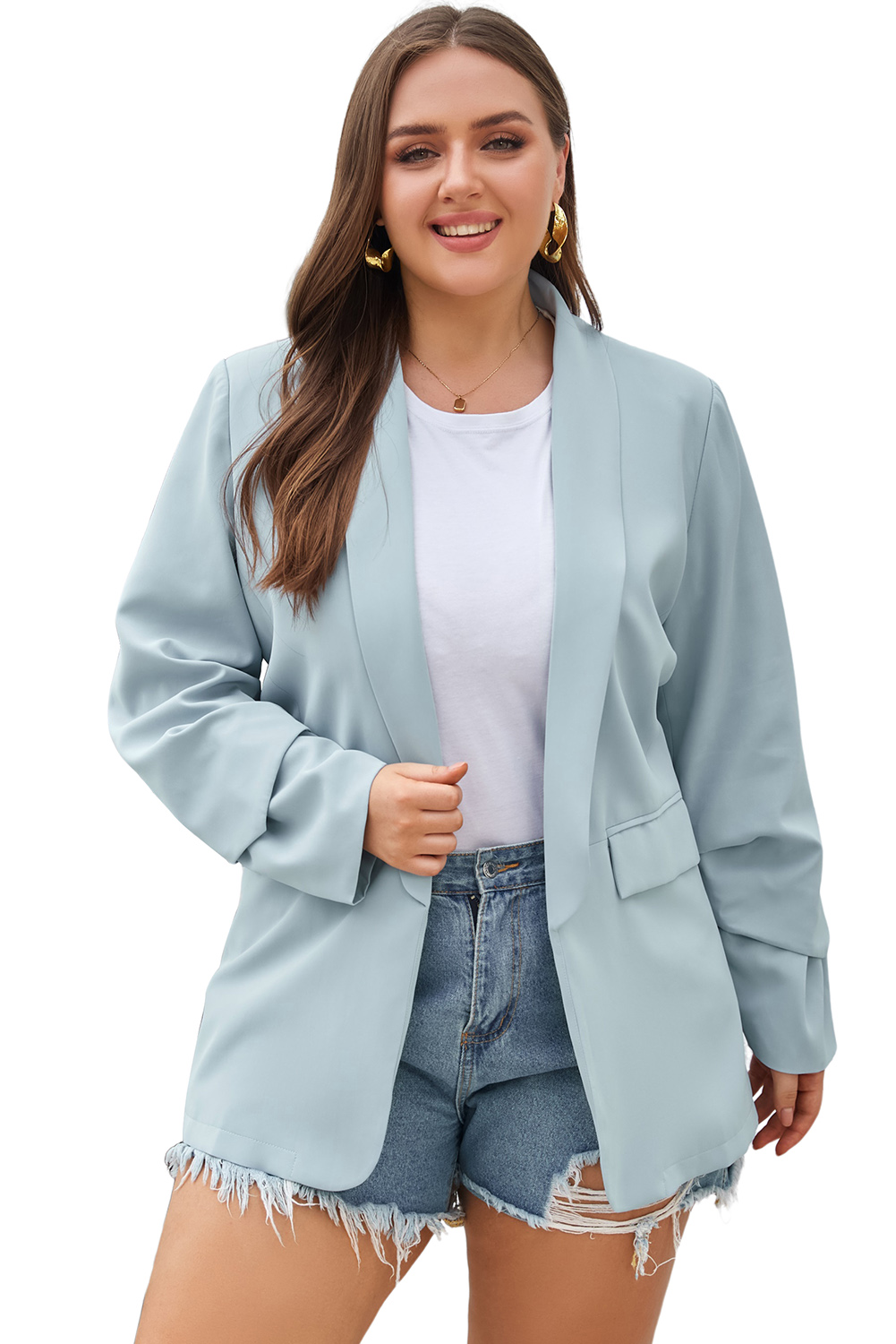 Sky Blue Plus Size Soft Lightweight Pocketed Lapel Blazer - Image 7