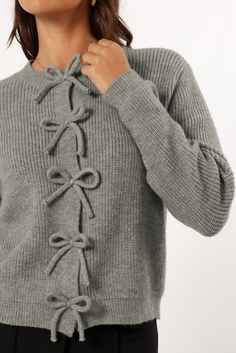 Philippine Gray Ribbed Knit Bow Front Buttoned Cardigan - Image 4